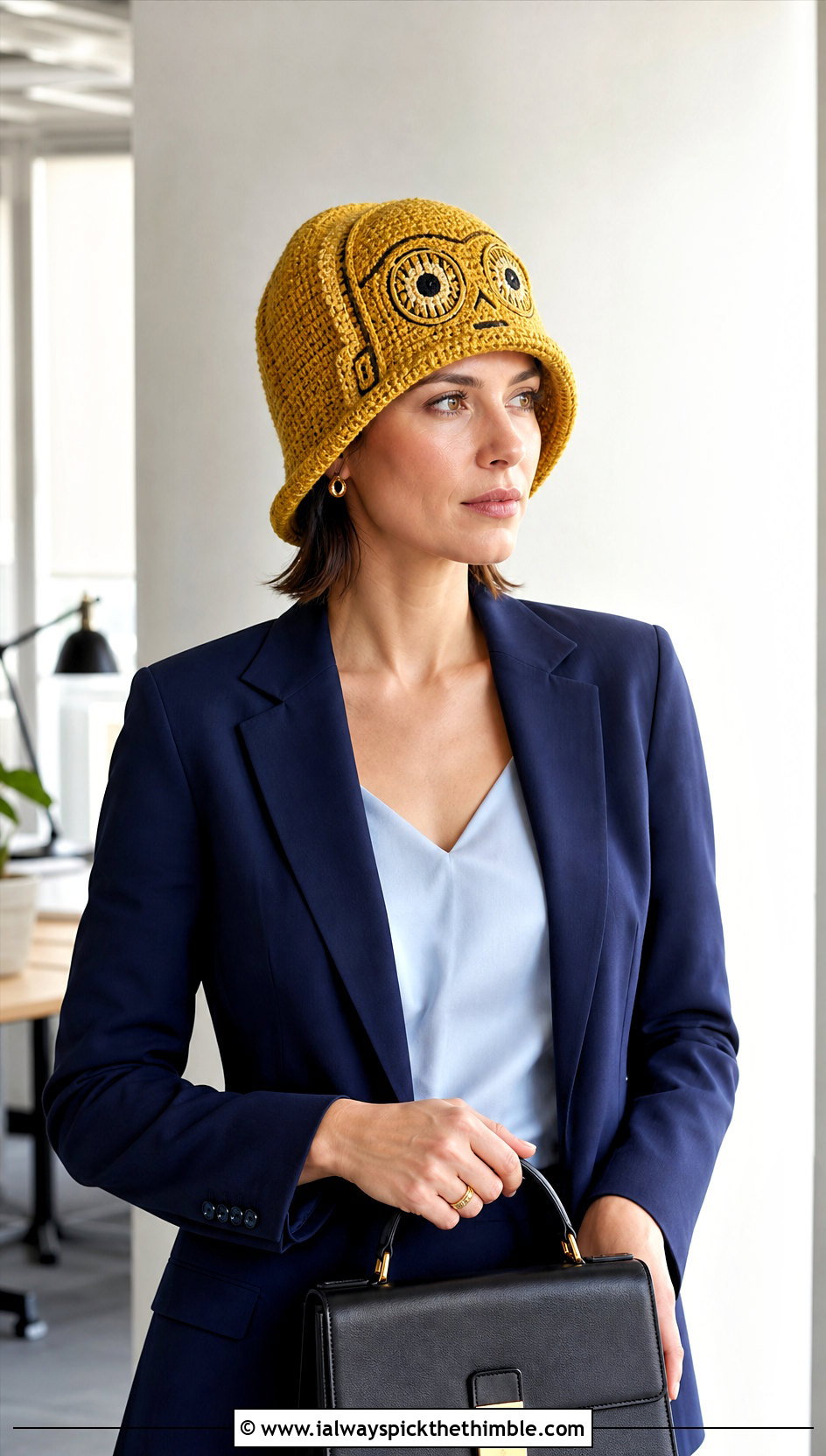 C 3PO Crochet Cloche Hat With Navy Pantsuit - 20 crochet star wars hat outfit ideas