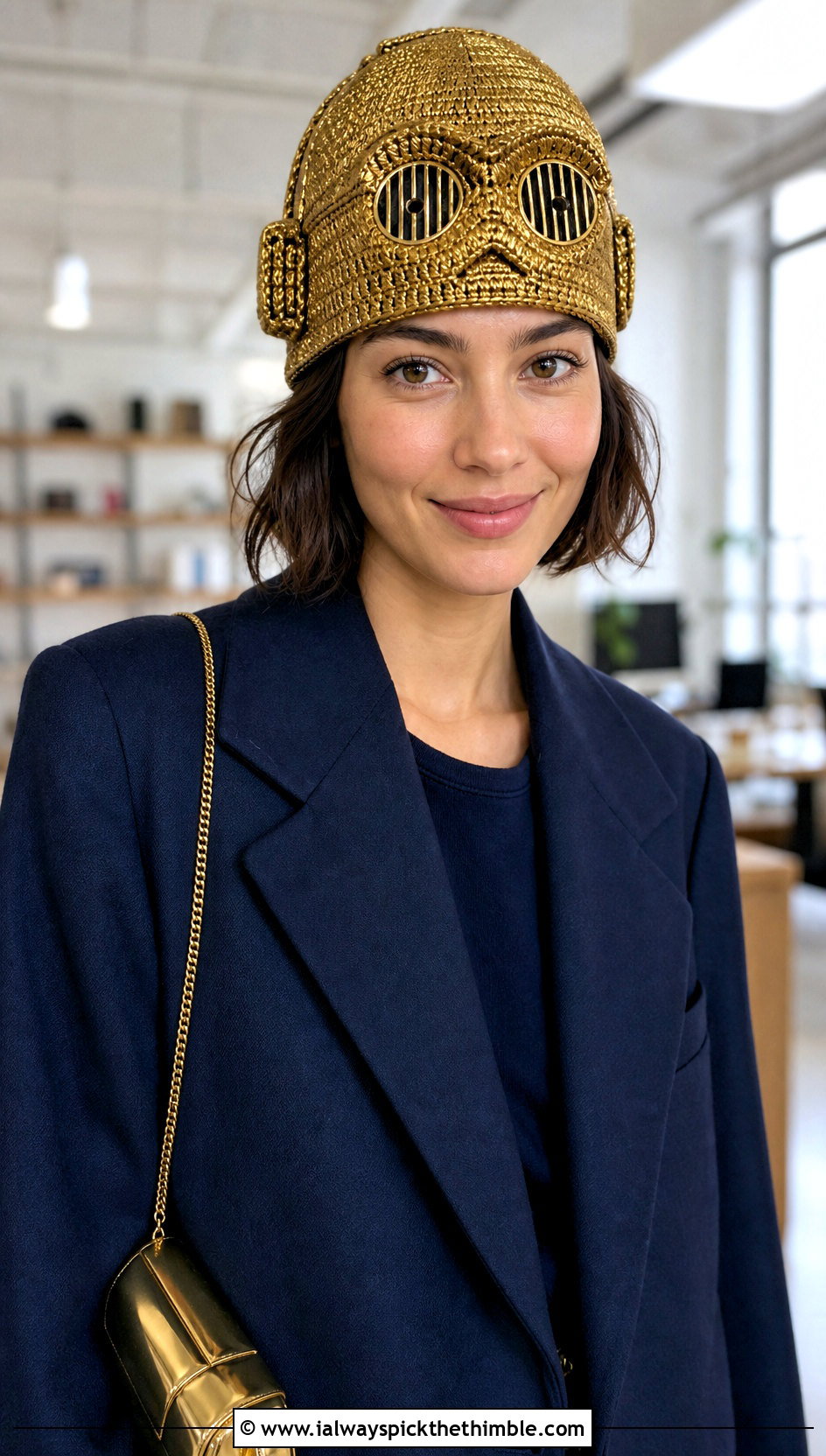 C 3PO Metallic Crochet Beanie With Tailored Suit - 15 Star Wars Crochet Hat outfit ideas