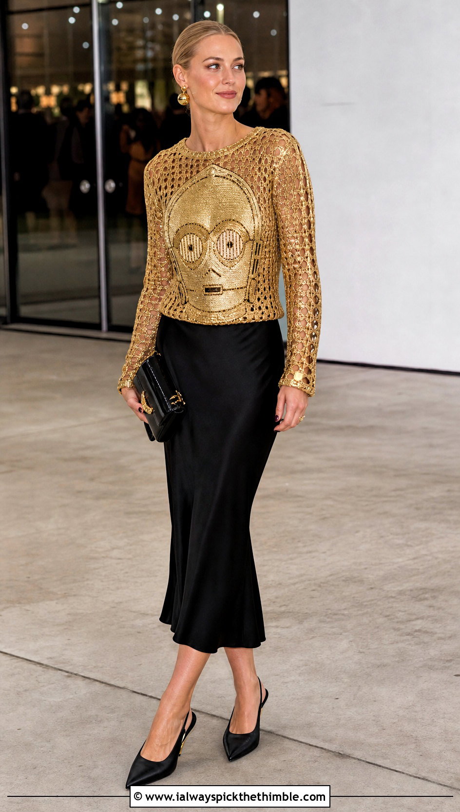 C 3PO Metallic Crochet Sweater With Black Midi Skirt - 20 Star Wars Crochet Sweater outfit ideas