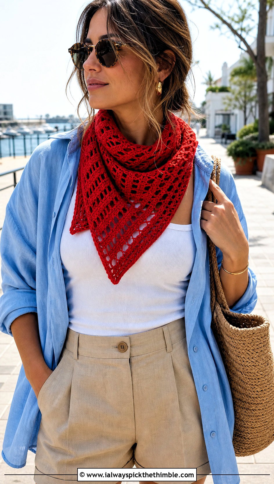 C2C Bandana Scarf With Linen Shirt And Shorts - 25 c2c crochet scarf outfit ideas