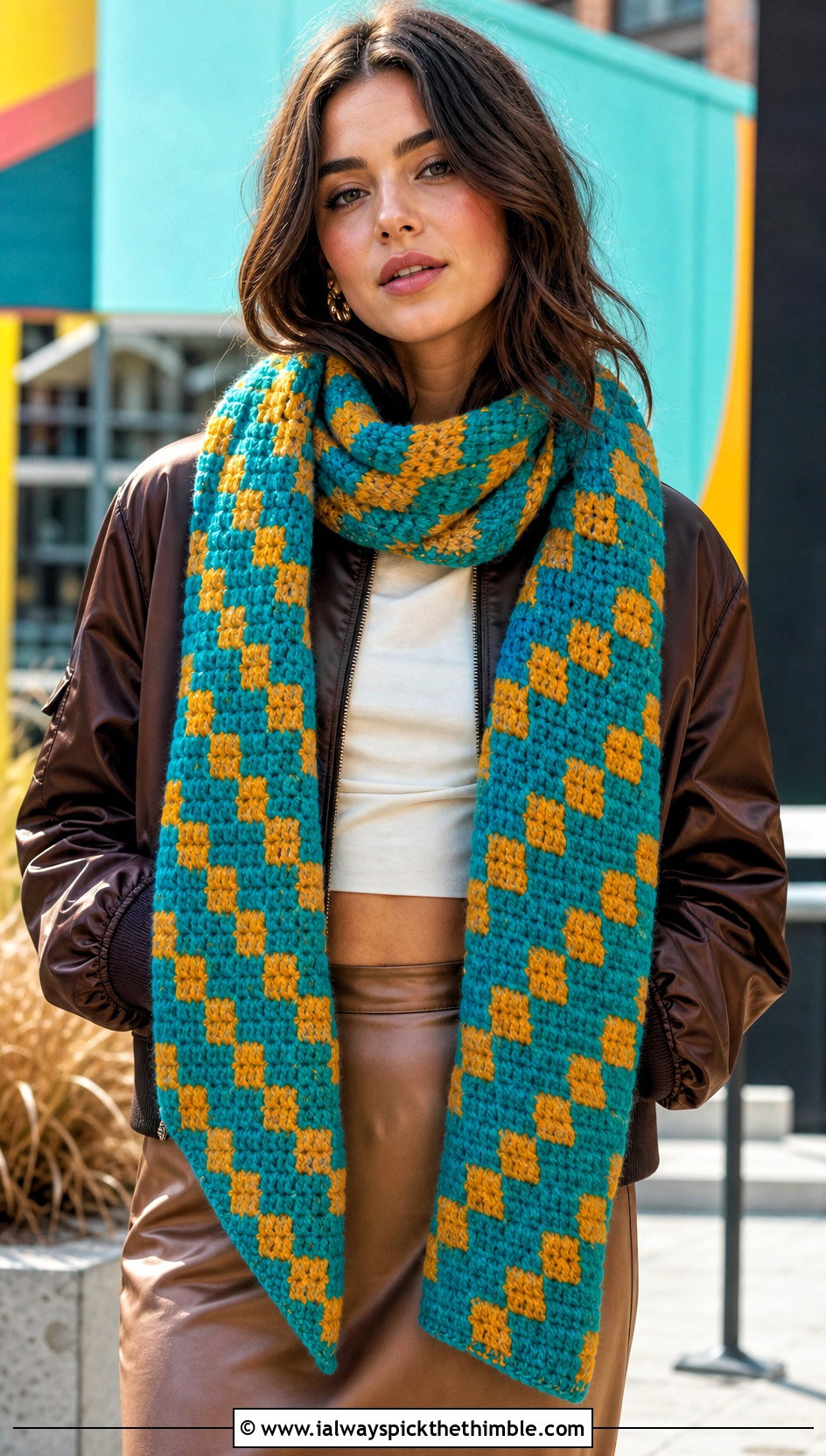 C2C Checkered Crochet Scarf With Bomber Jacket - 20 Checkered Crochet Scarf outfit ideas