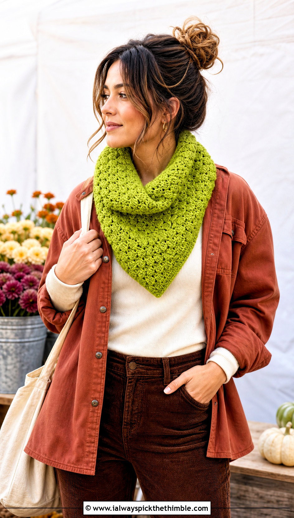 C2C Cowl Scarf With Shacket And Corduroy Pants - 25 c2c crochet scarf outfit ideas