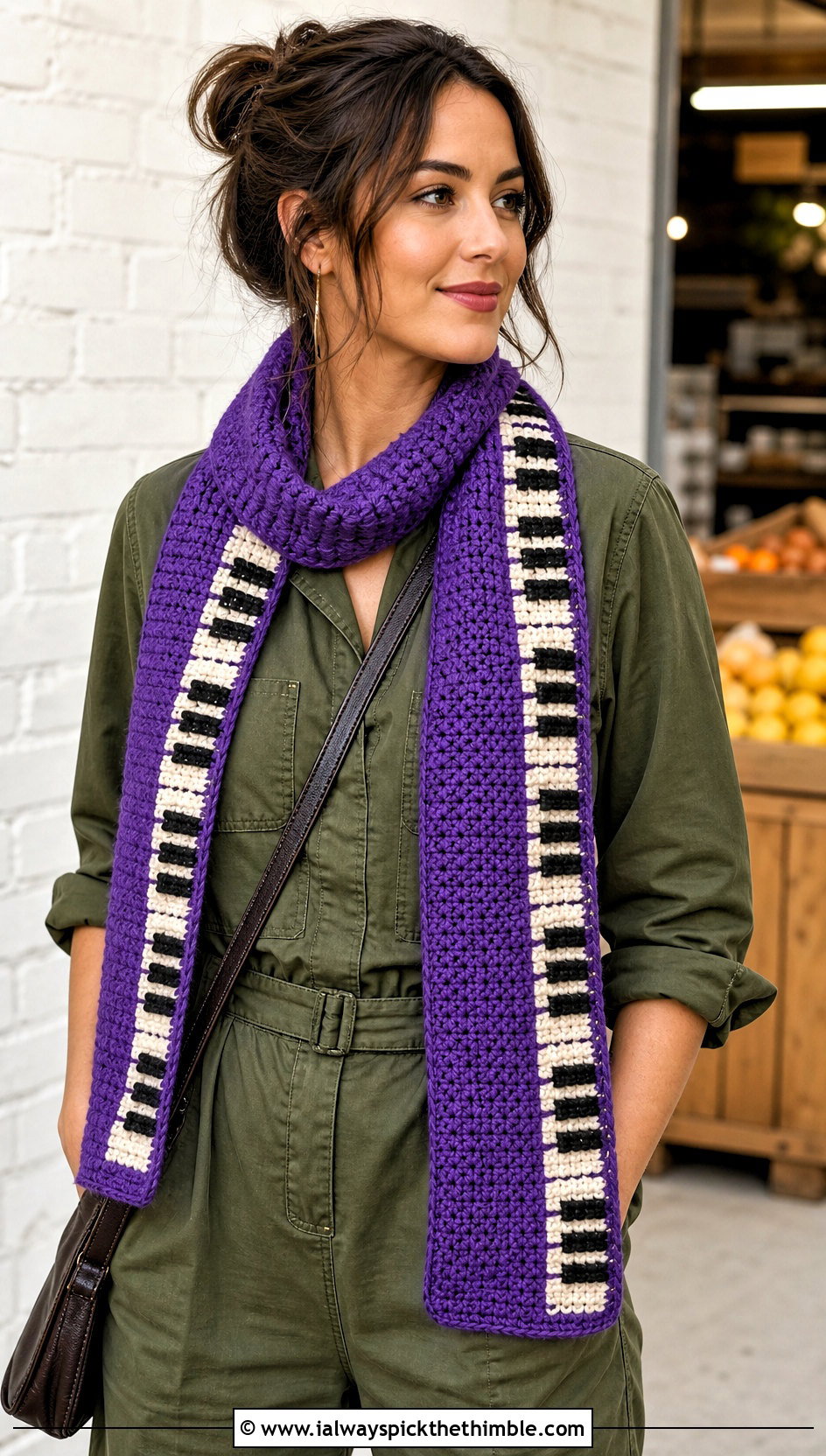 C2C Crochet Piano Keyboard Scarf With Utility Jumpsuit - 25 crochet piano scarf outfit ideas