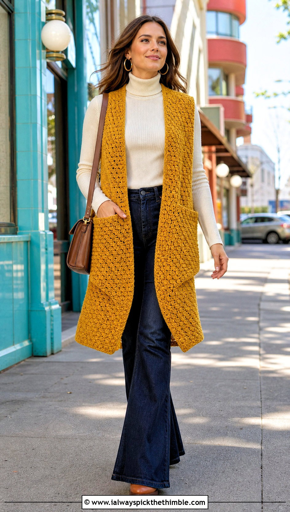 C2C Crochet Pocket Wrap With Flare Jeans - 20 Crochet Pocket Wrap outfit ideas
