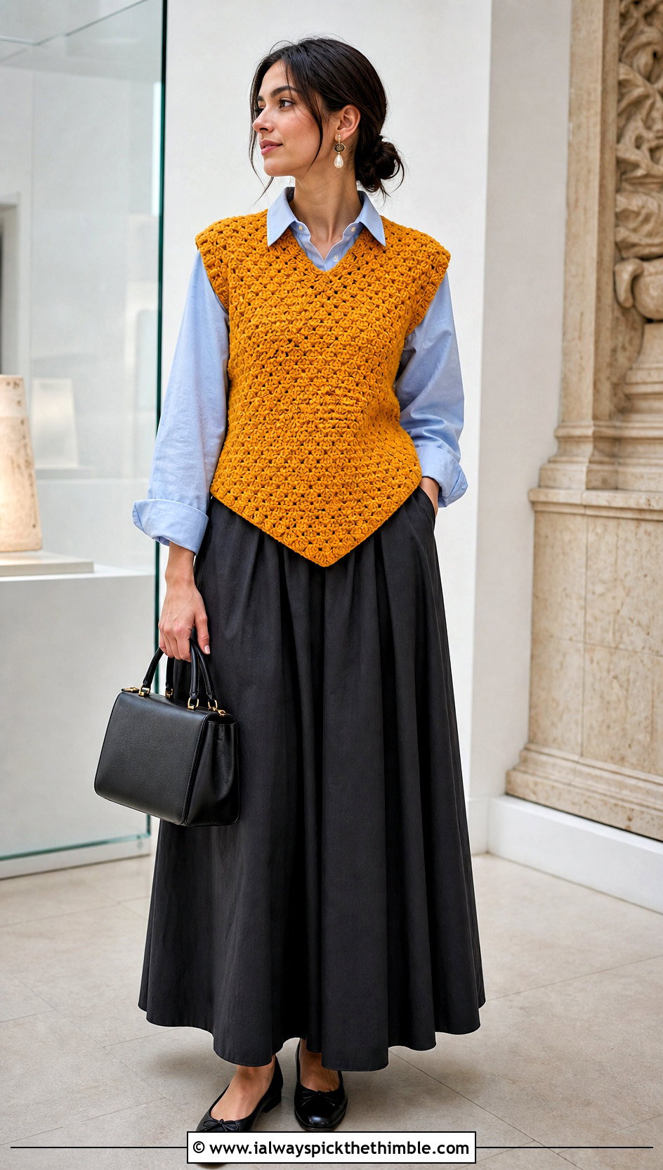 C2C Crochet Sweater Vest With Maxi Skirt - 20 c2c crochet sweater outfit ideas