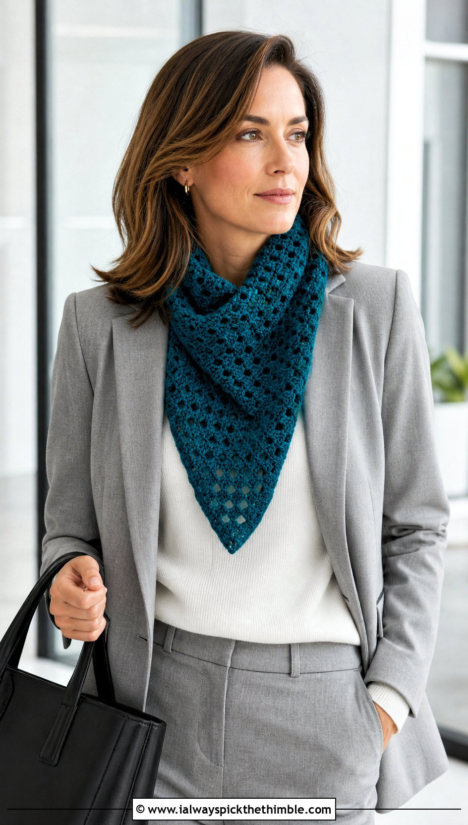 C2C Granny Crochet Bandana Cowl With Blazer - 20 crochet bandana cowl outfit ideas
