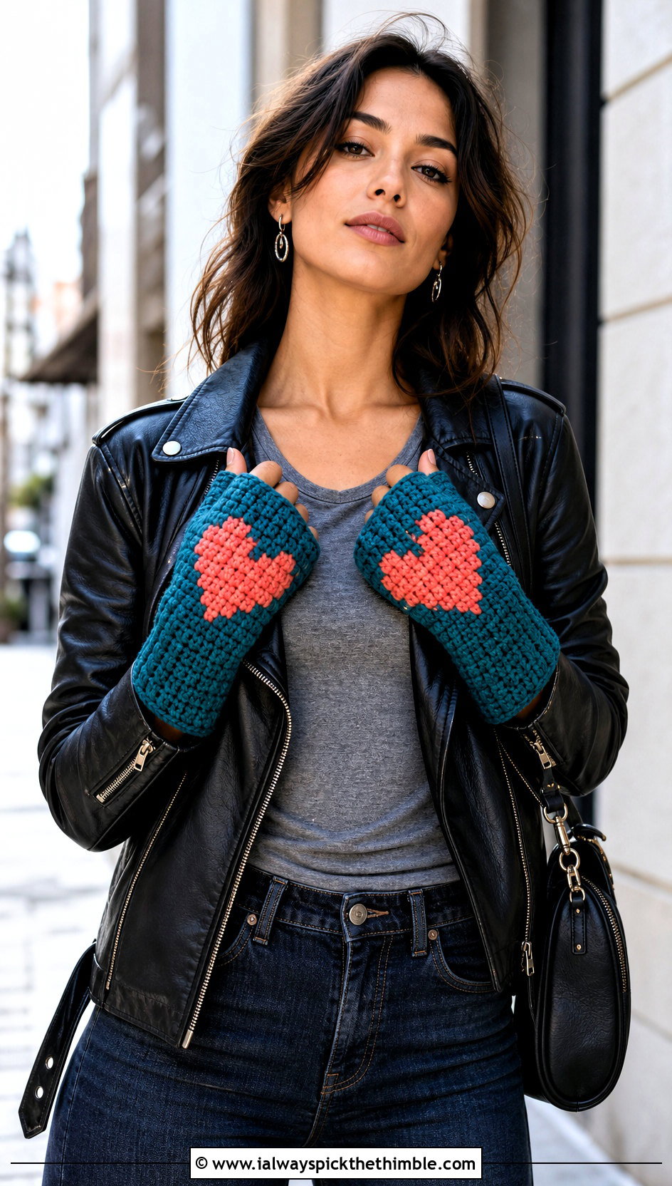 C2C Heart Fingerless Gloves With Leather Jacket - 15 Heart Crochet Gloves outfit ideas