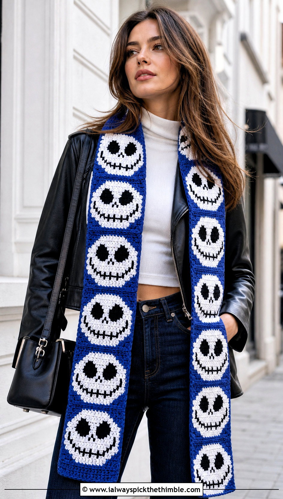 C2C Jack Skellington Crochet Scarf With Leather Jacket - 20 Crochet Jack Skellington Scarf outfit ideas