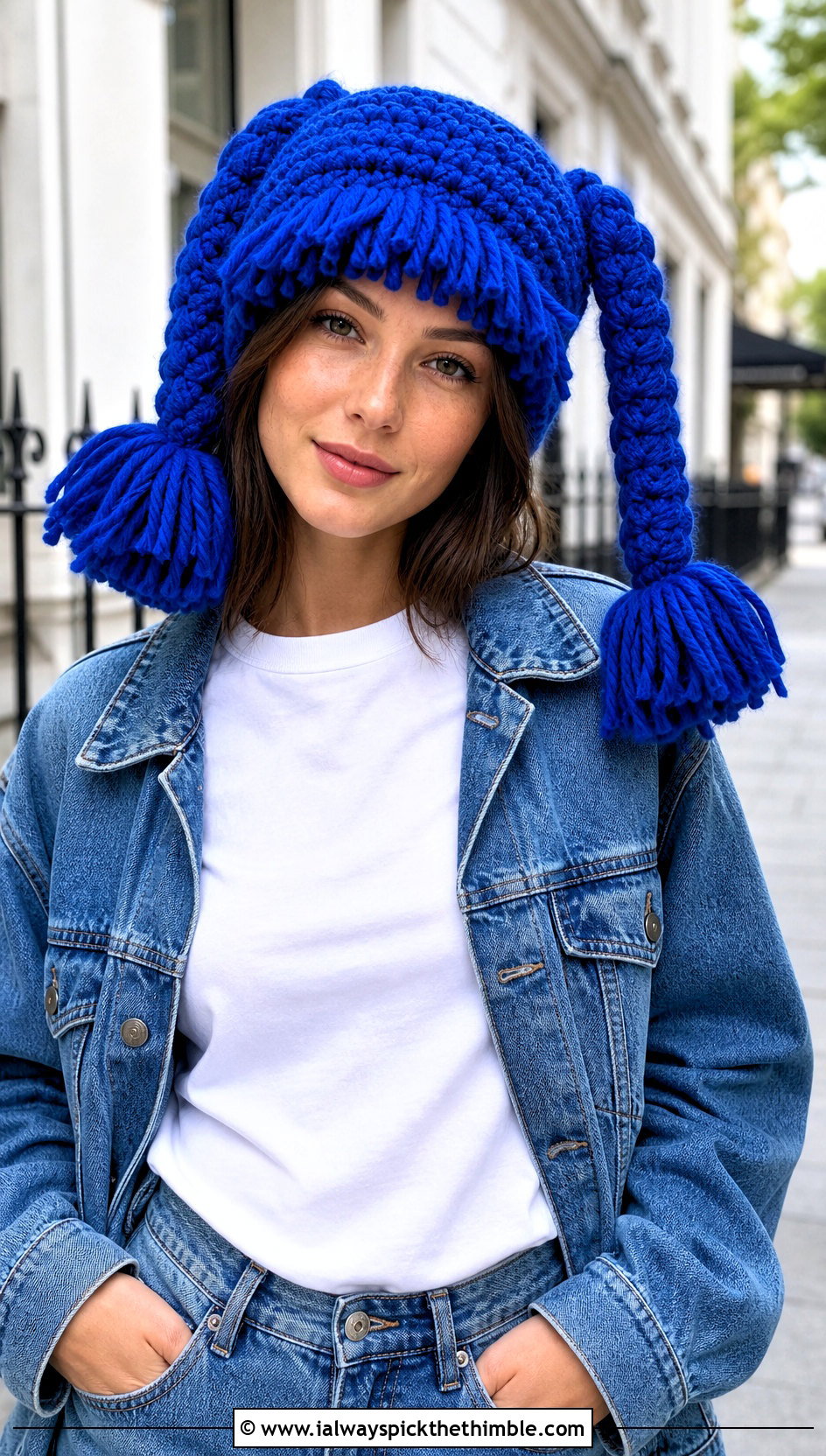 Cabbage Patch Crochet Doll Hat With Braids And Double Denim Outfit - 15 crochet doll hat with braids outfit ideas