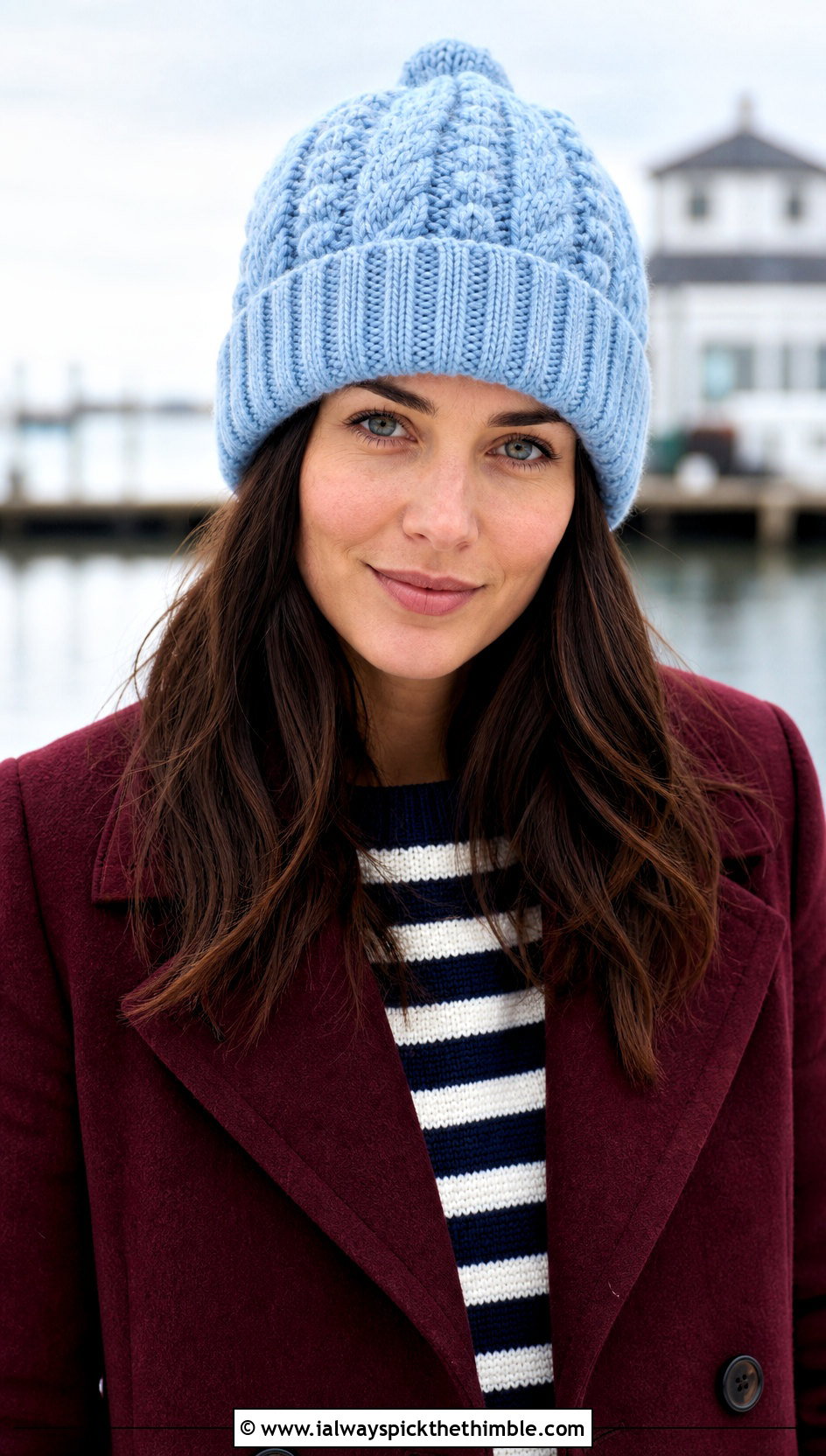 Cable And Bubble Crochet Beanie With Peacoat - 20 Crochet Bubble Hat outfit ideas