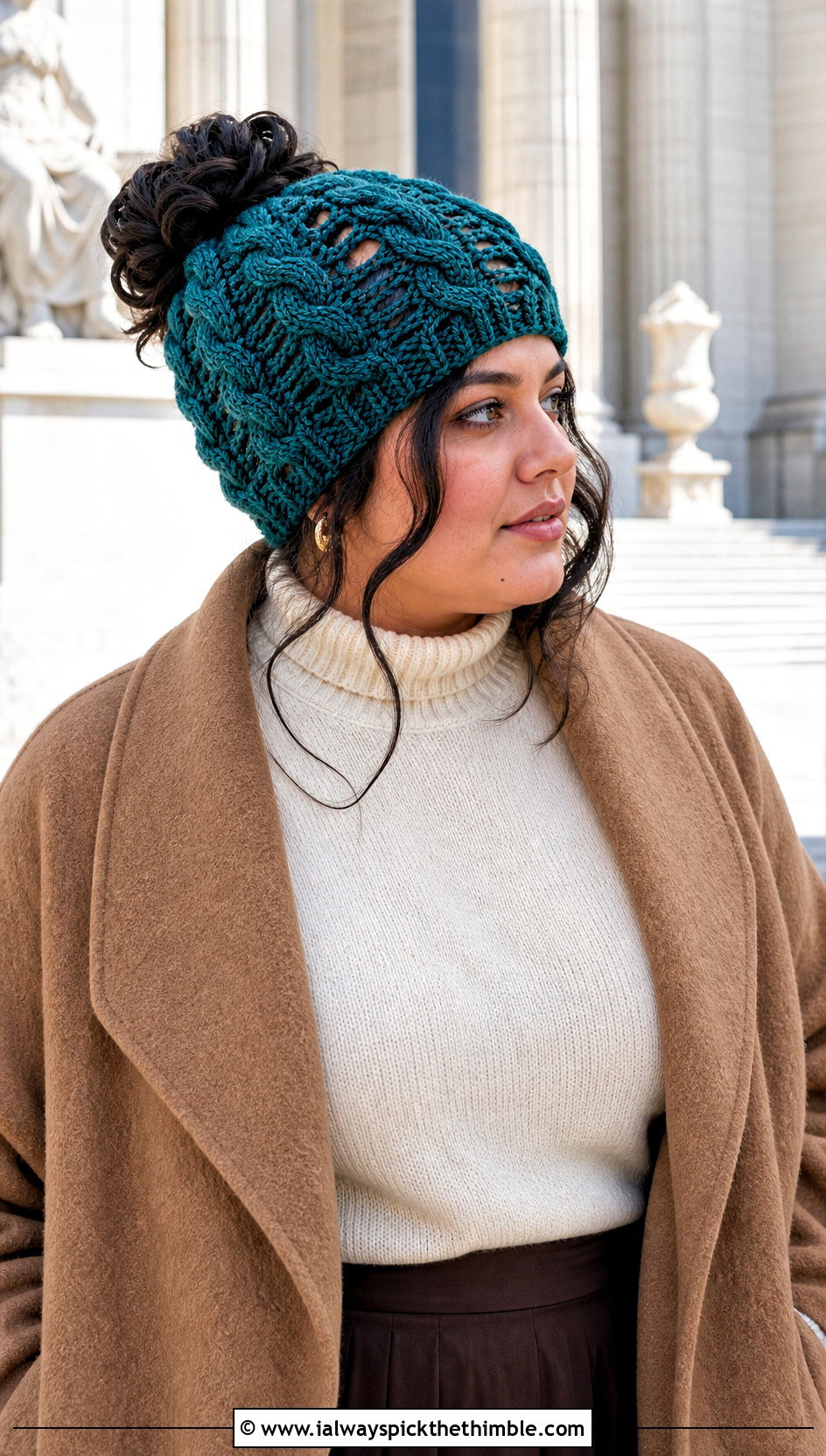 Cable And Lace Messy Bun Crochet Hat With Midi Skirt - 25 crochet messy bun hat outfit ideas