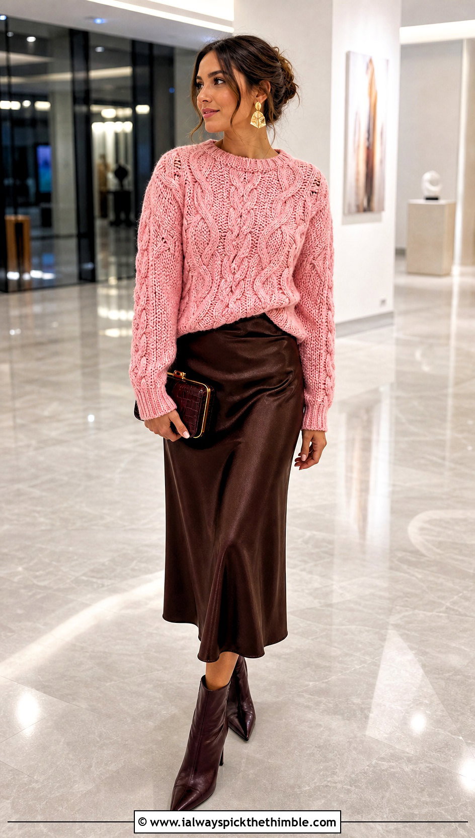 Cable Bottom Up Crochet Sweater With Satin Midi Skirt - 20 bottom up crochet sweater outfit ideas