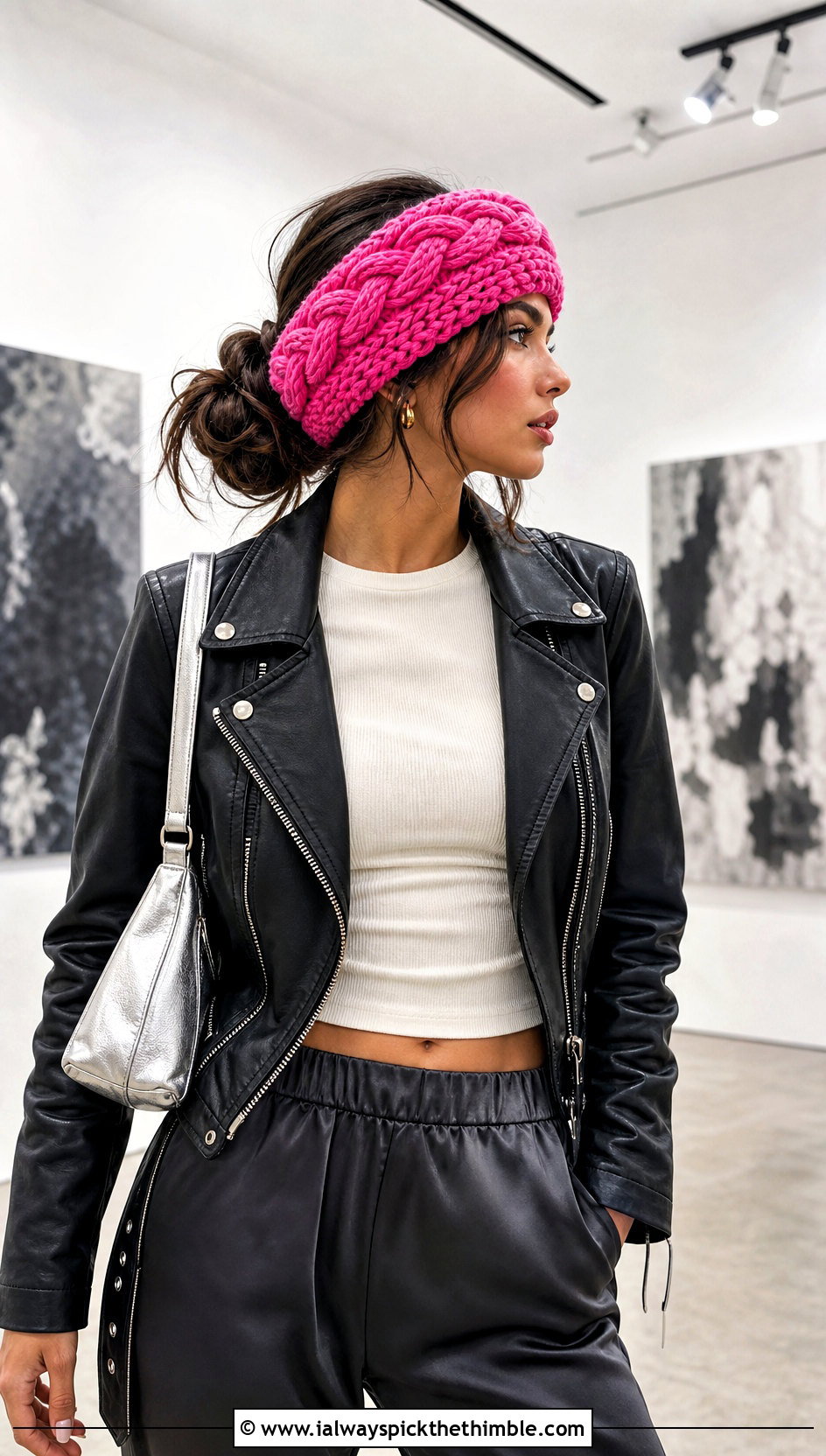 Cable Chunky Crochet Headband With Moto Jacket - 20 chunky crochet headband outfit ideas