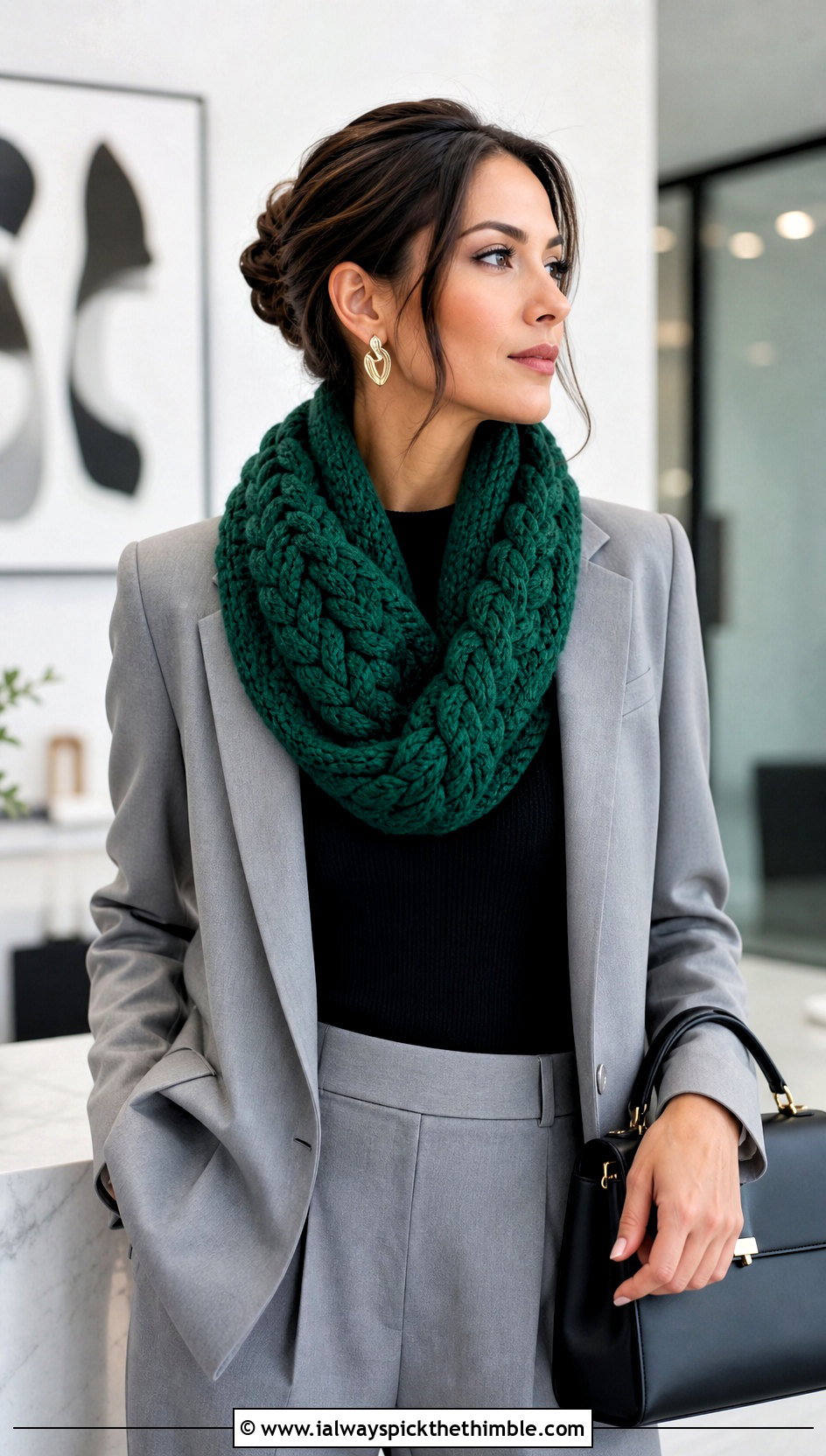 Cable Chunky Crochet Scarf With Trouser Suit - 25 chunky crochet scarf outfit ideas