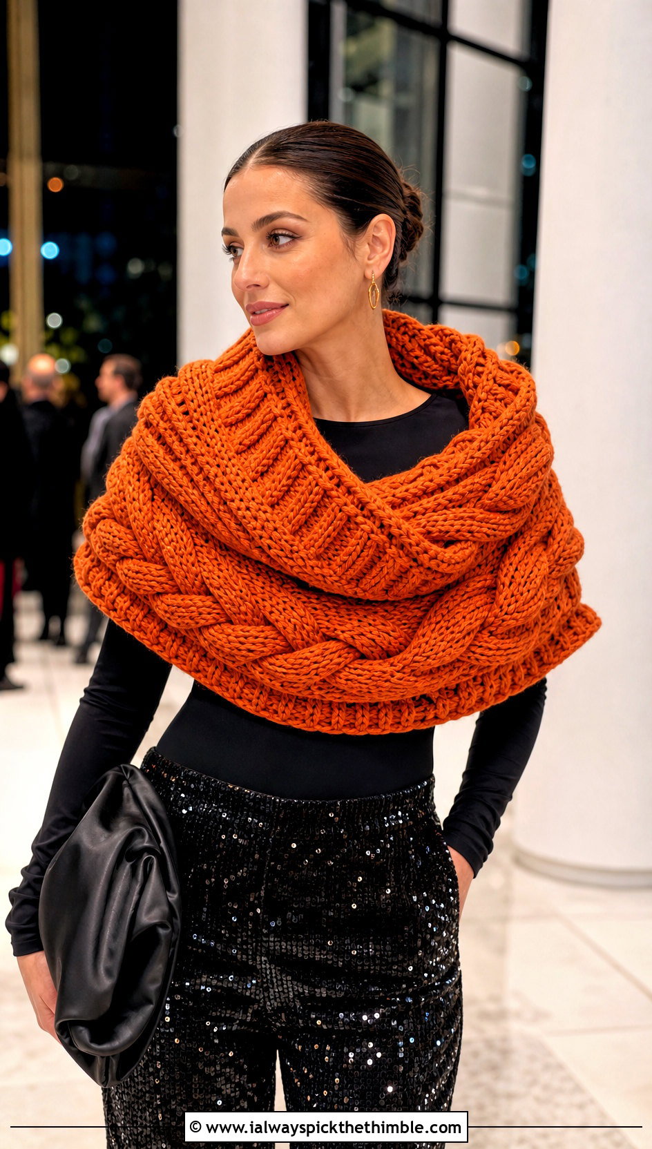 Cable Collar Shawl With Sequin Trousers - 15 Crochet Cable Shawl outfit ideas