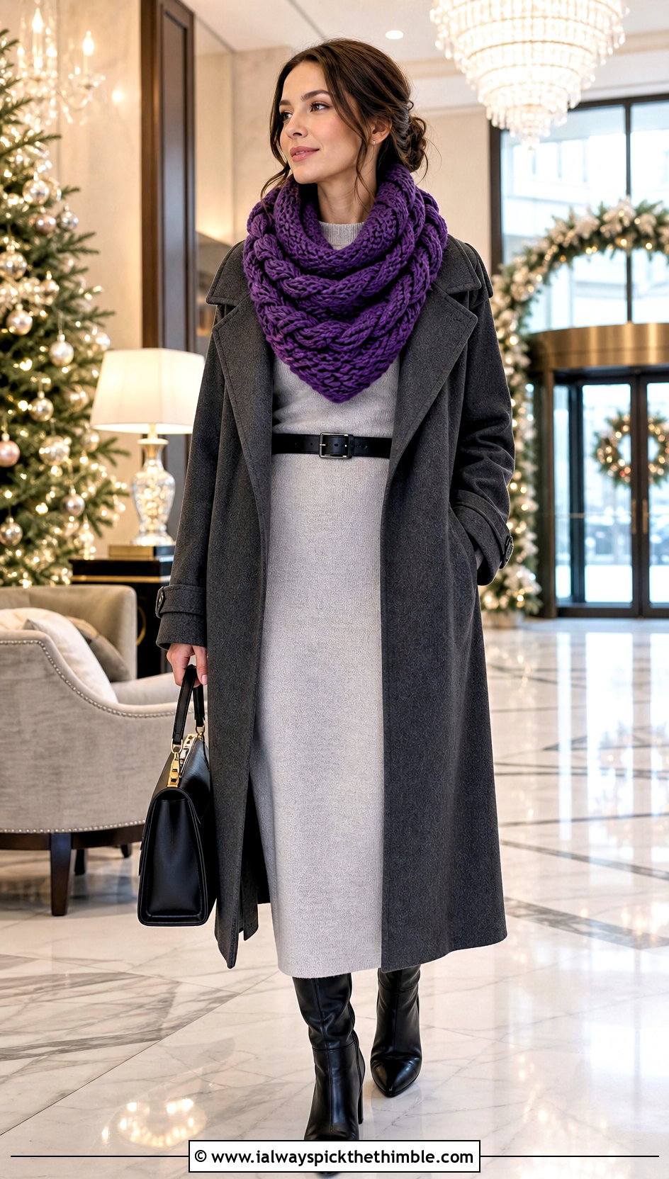 Cable Cowl Neck Crochet Scarf With Sweater Dress - 20 Cowl Neck Crochet Scarf outfit ideas