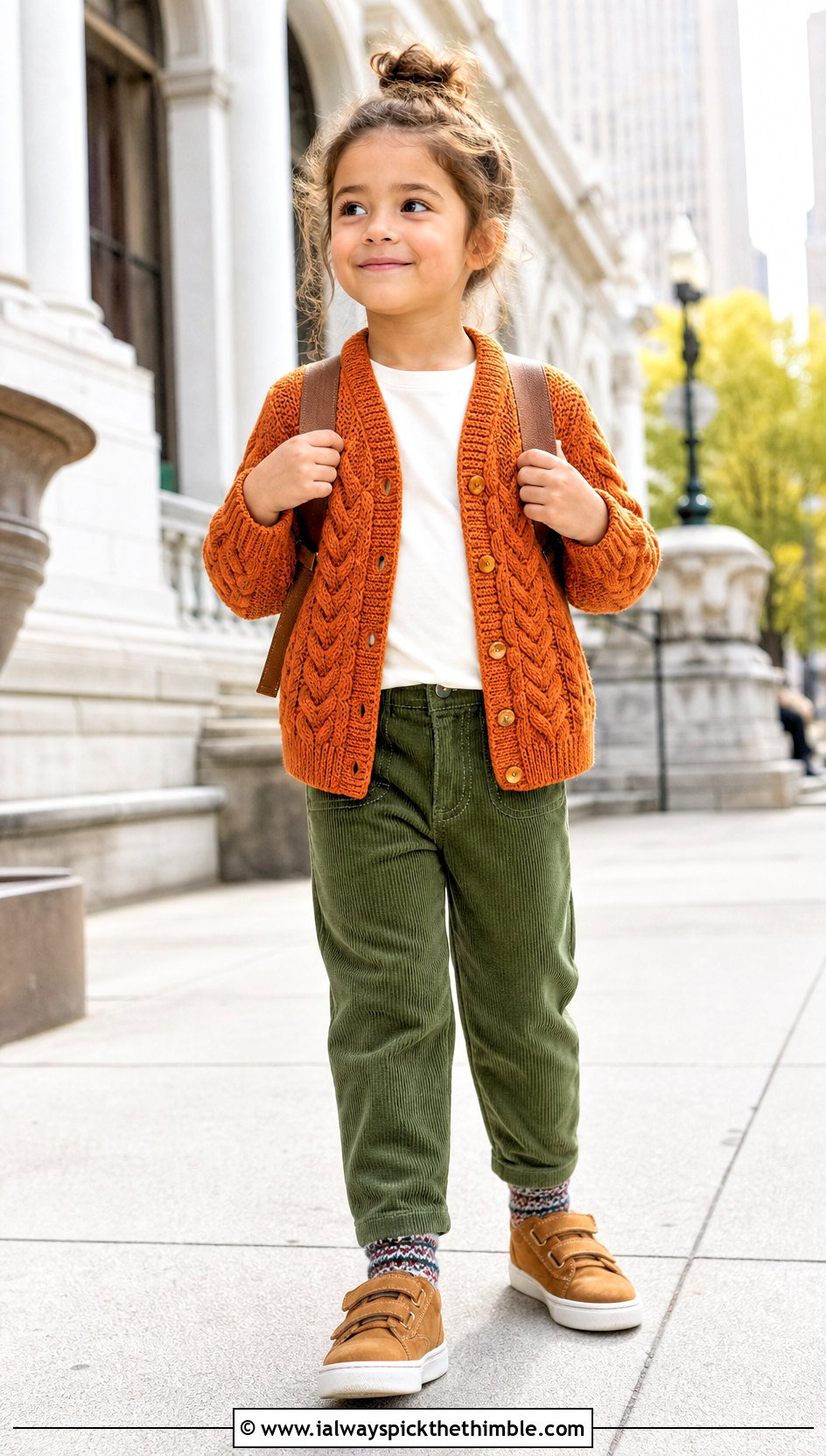 Cable Crochet 5T Cardigan With Corduroy Pants - 15 crochet 5t sweater outfit ideas