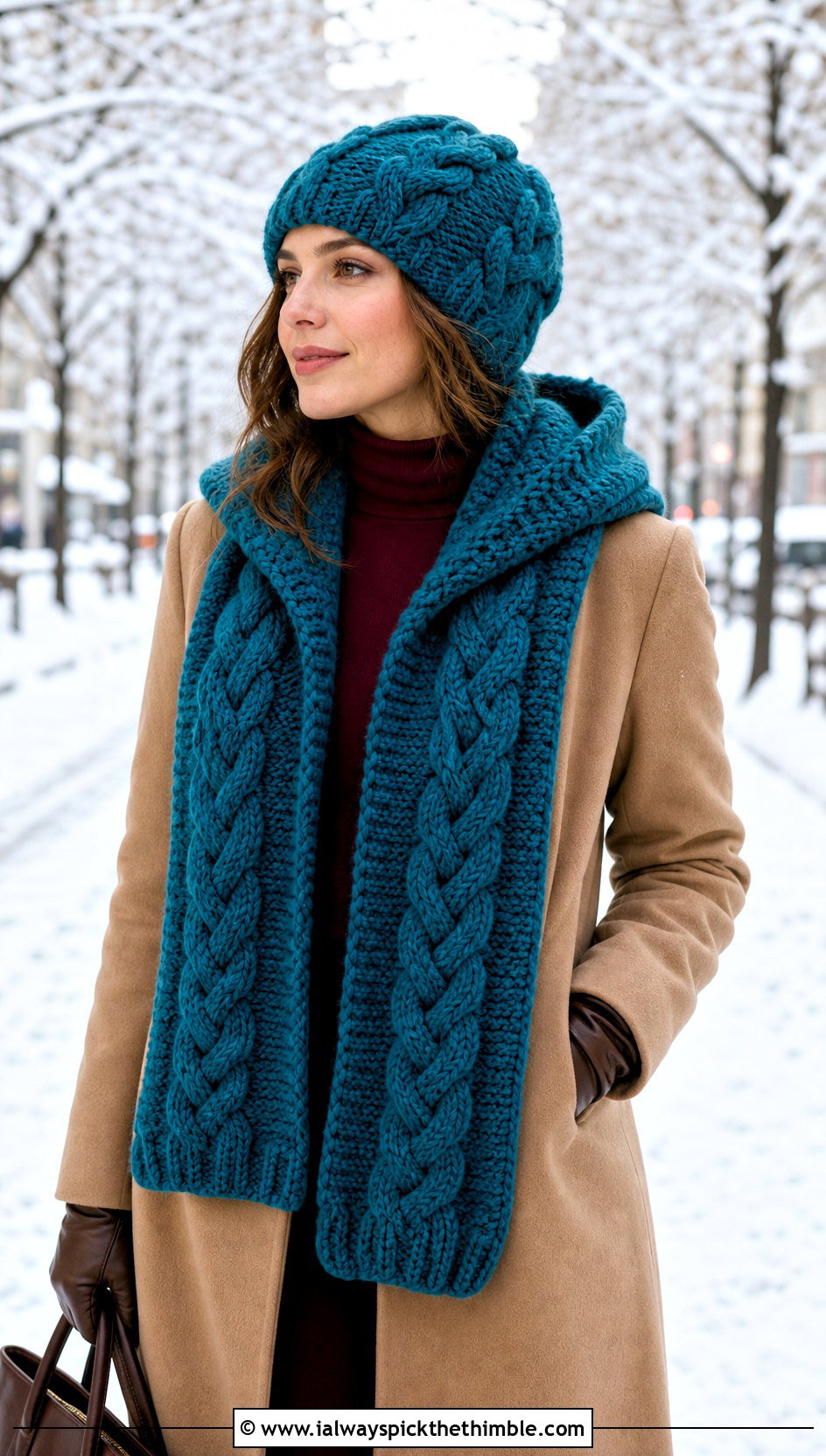 Cable Crochet Beanie And Hooded Scarf With Long Coat - 15 Easy Crochet Hat And Scarf Set outfit ideas