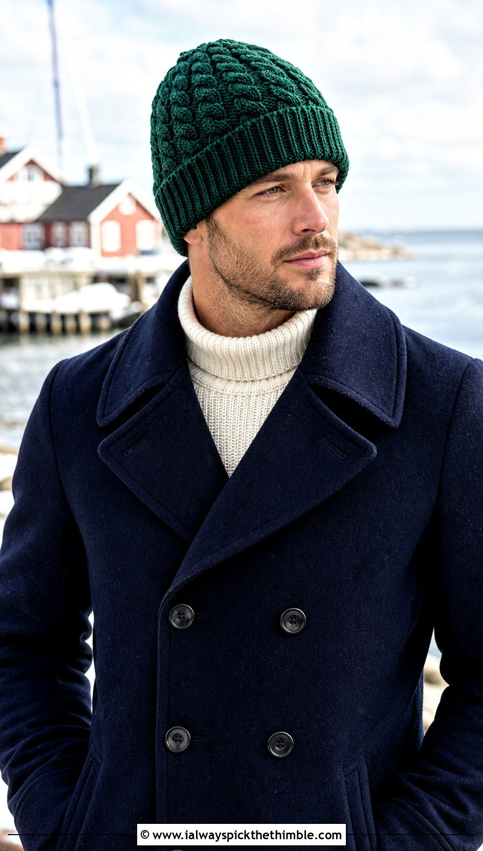 Cable Crochet Beanie With Peacoat - 25 crochet hat men outfit ideas