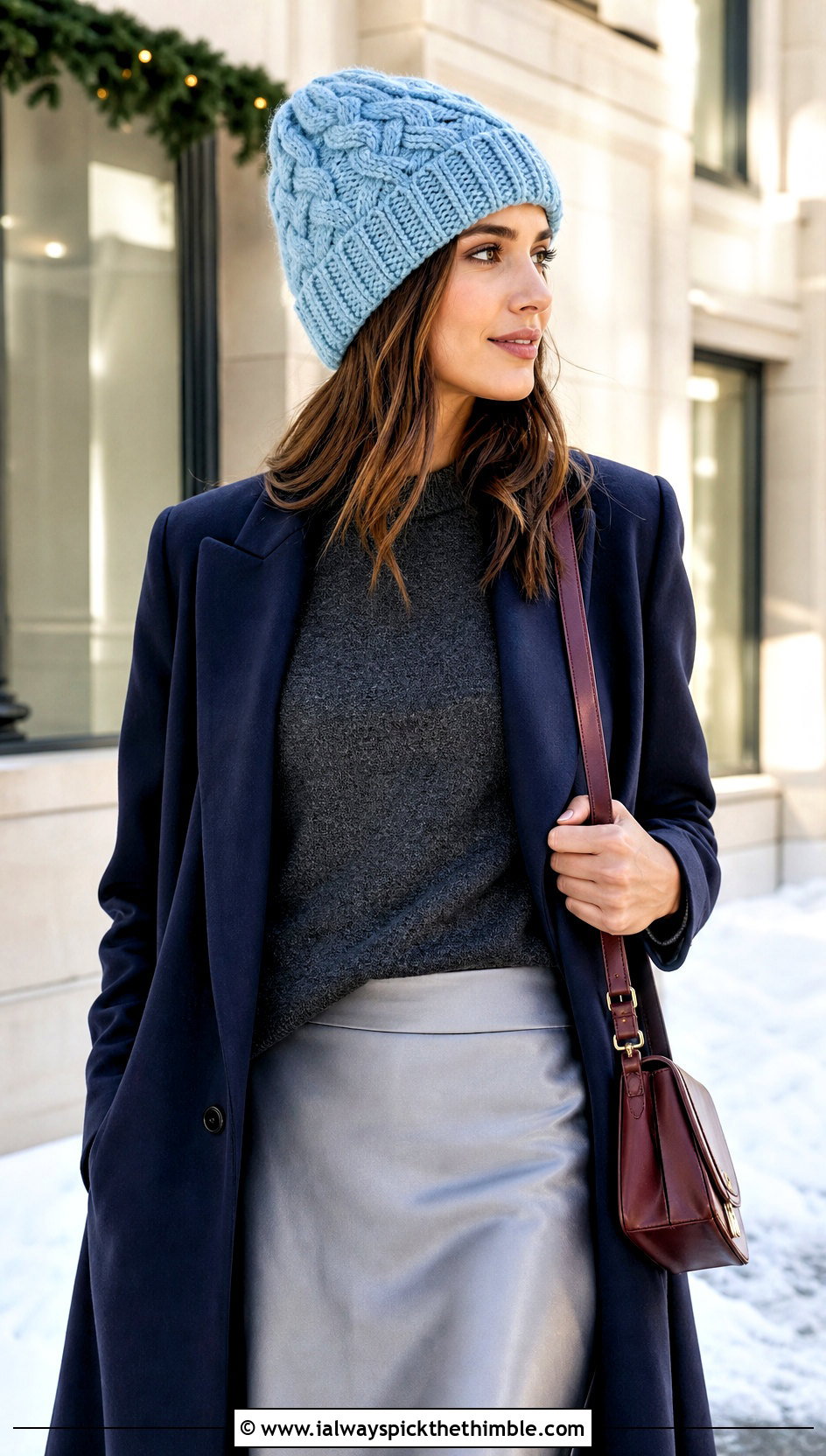 Cable Crochet Beanie With Satin Skirt And Sweater - 20 winter crochet hat for women outfit ideas
