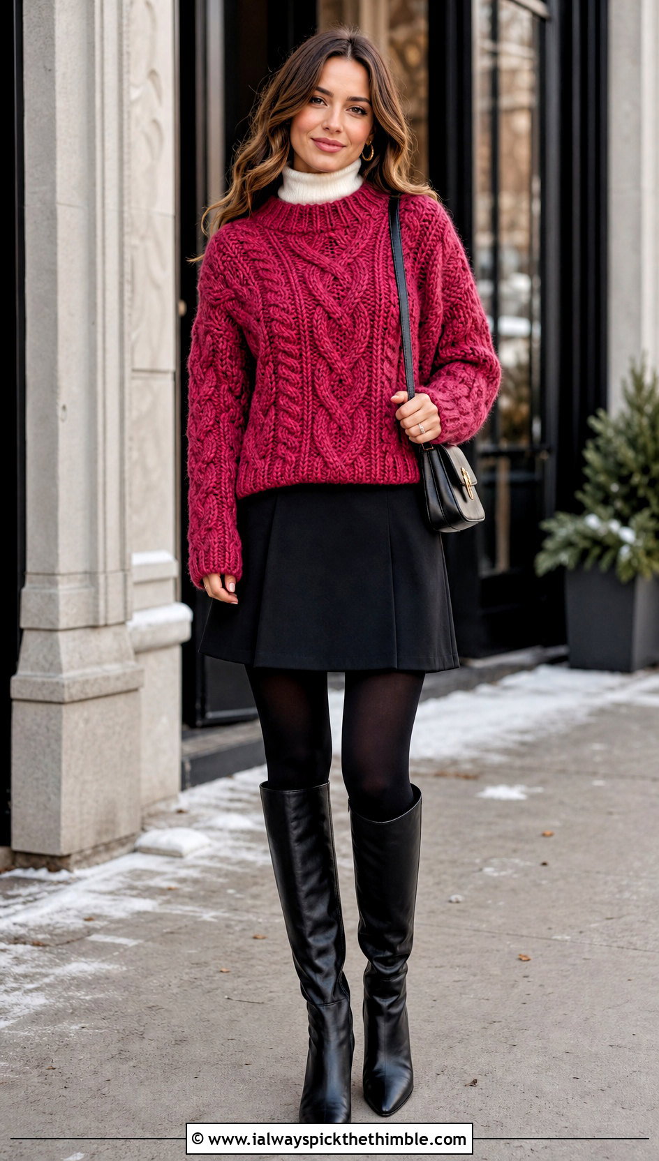 Cable Crochet Blanket Sweater With a Mini Skirt - 20 crochet blanket sweater outfit ideas