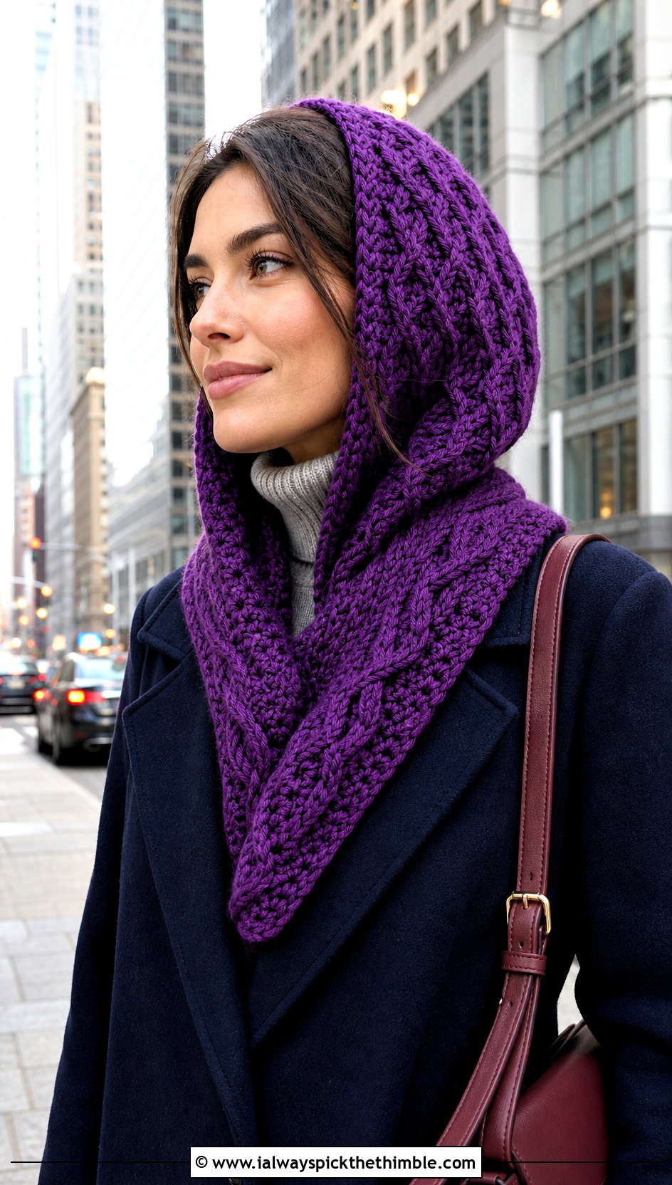 Cable Crochet Cap Scarf With Pleated Trousers - 20 Crochet Cap Scarf outfit ideas