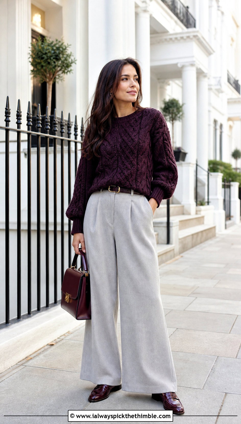 Cable Crochet Couch Sweater With Wide Leg Trousers - 15 Crochet Couch Sweater outfit ideas