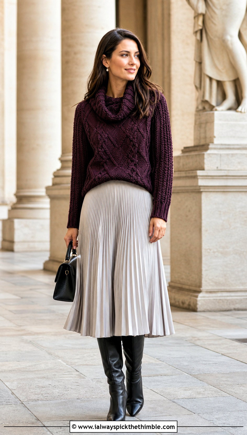 Cable Crochet Cowl Neck Sweater With Pleated Midi Skirt - 20 Crochet Cowl Neck Sweater outfit ideas
