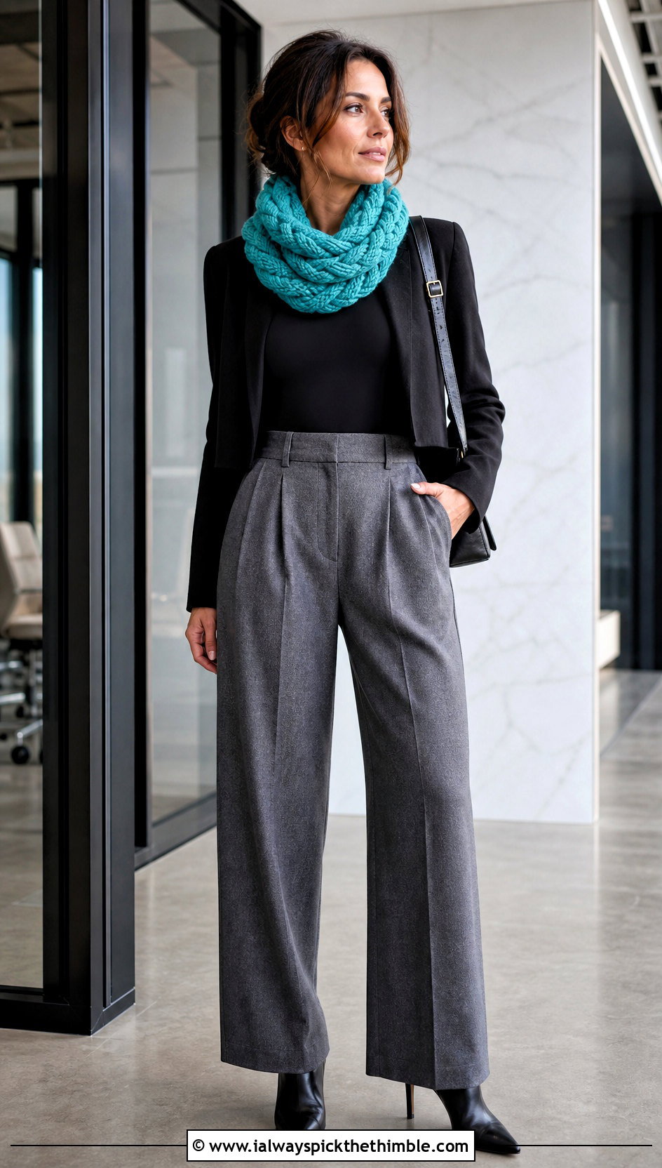 Cable Crochet Cowl With Tailored Trousers - 20 Wool Ease Thick And Quick Crochet Cowl outfit ideas