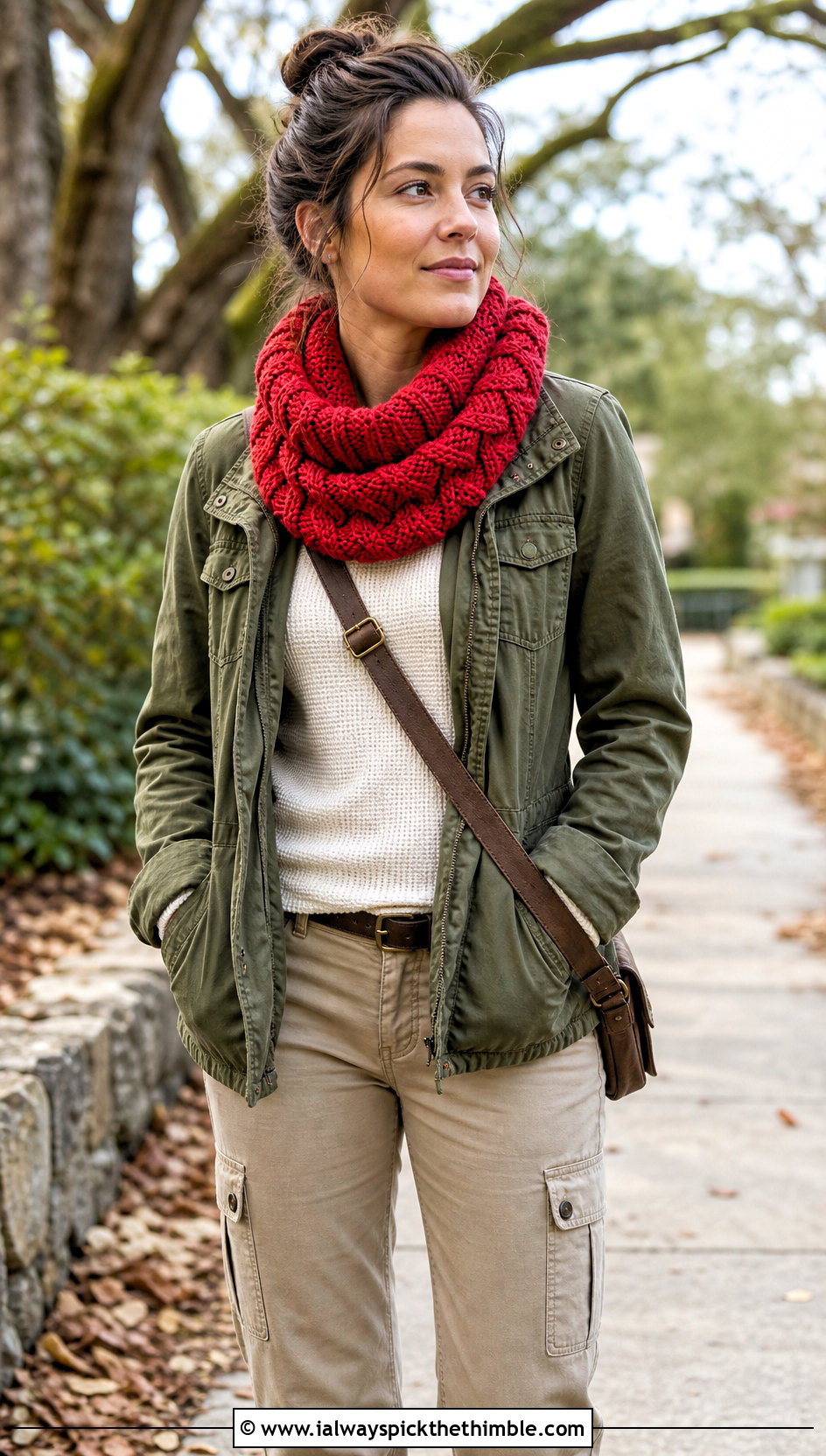 Cable Crochet Cowl With Utility Jacket And Cargo Pants - 20 Simple Crochet Cowl outfit ideas