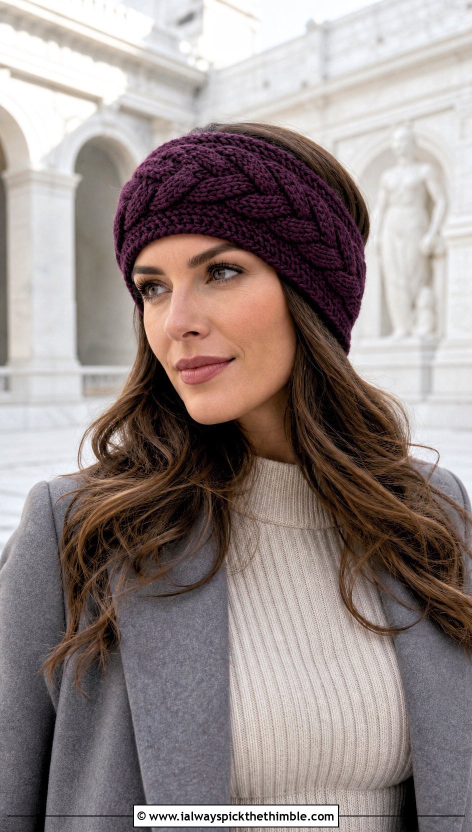 Cable Crochet Ear Warmer With Sweater Dress - 20 crochet fall headband outfit ideas