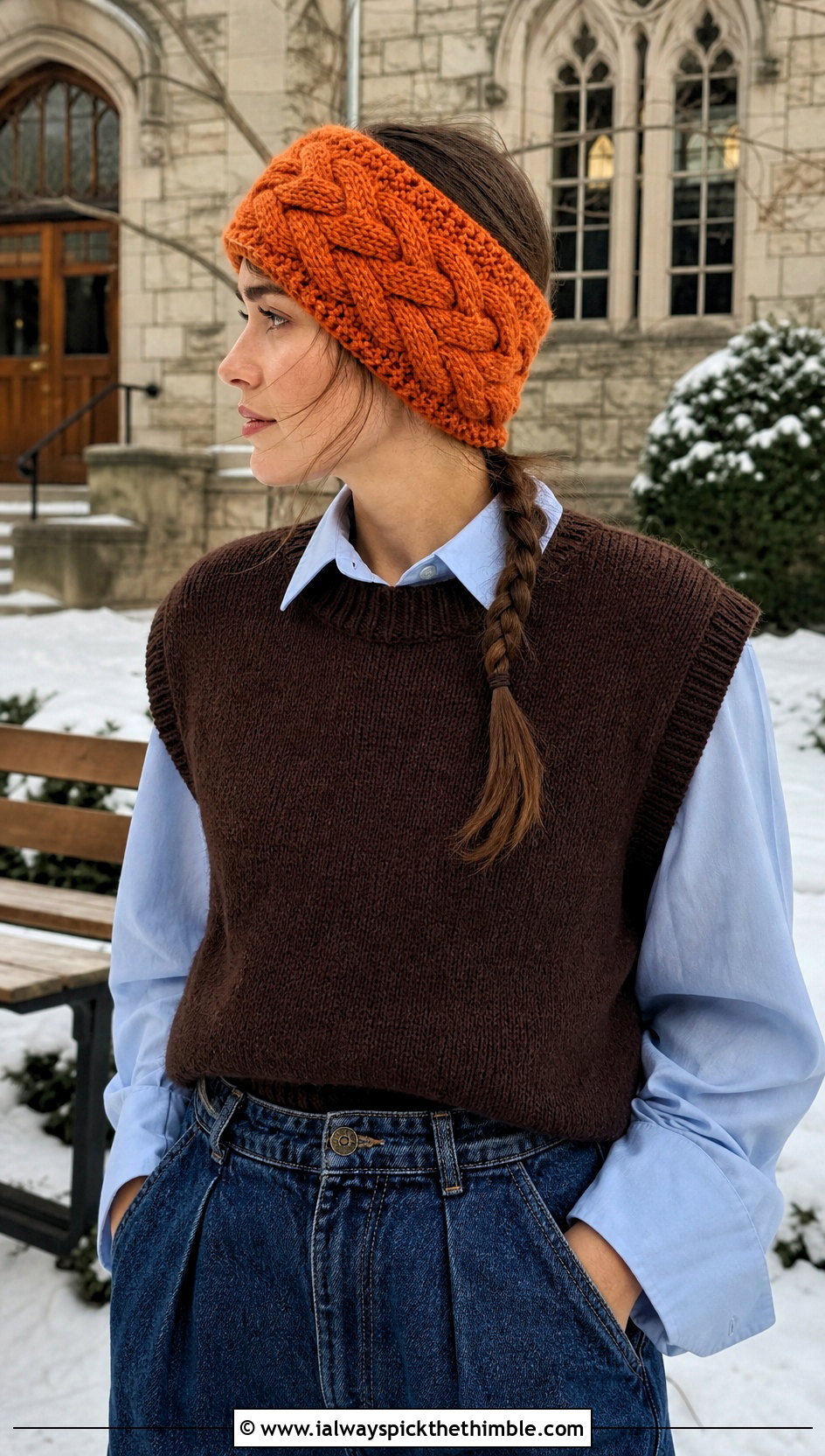 Cable Crochet Ear Warmer With Sweater Vest And Wide Leg Jeans - 20 quick crochet headband outfit ideas