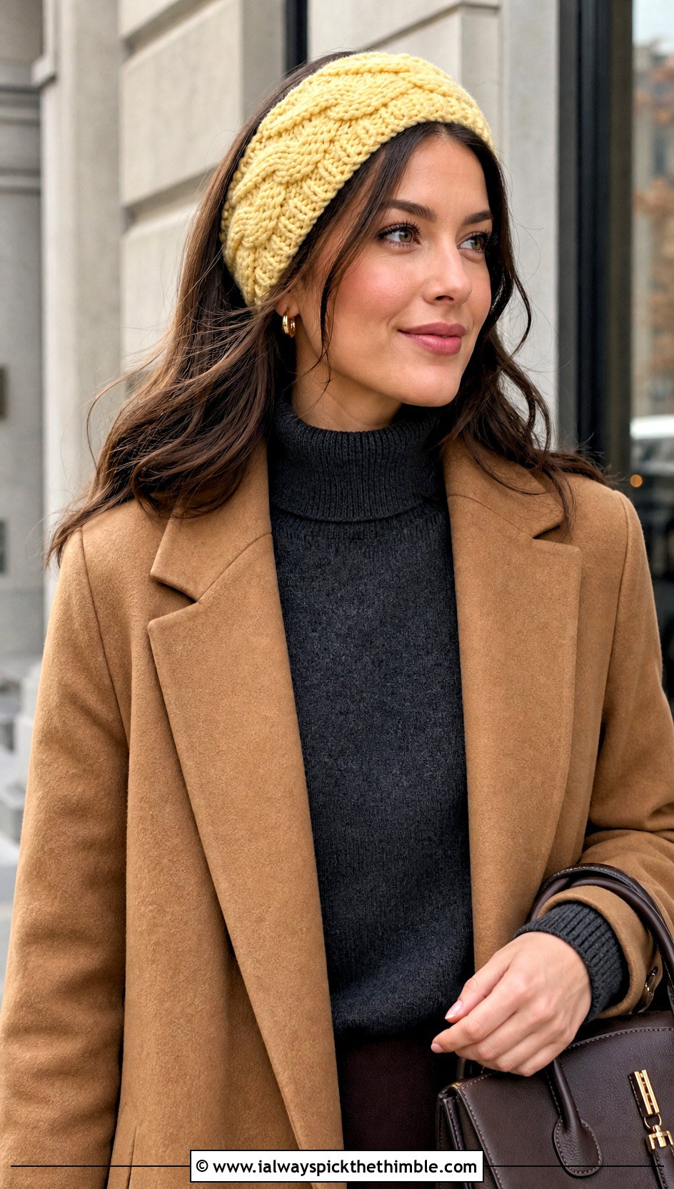 Cable Crochet Ear Warmer With Wool Coat - 20 Quick Crochet Ear Warmer outfit ideas