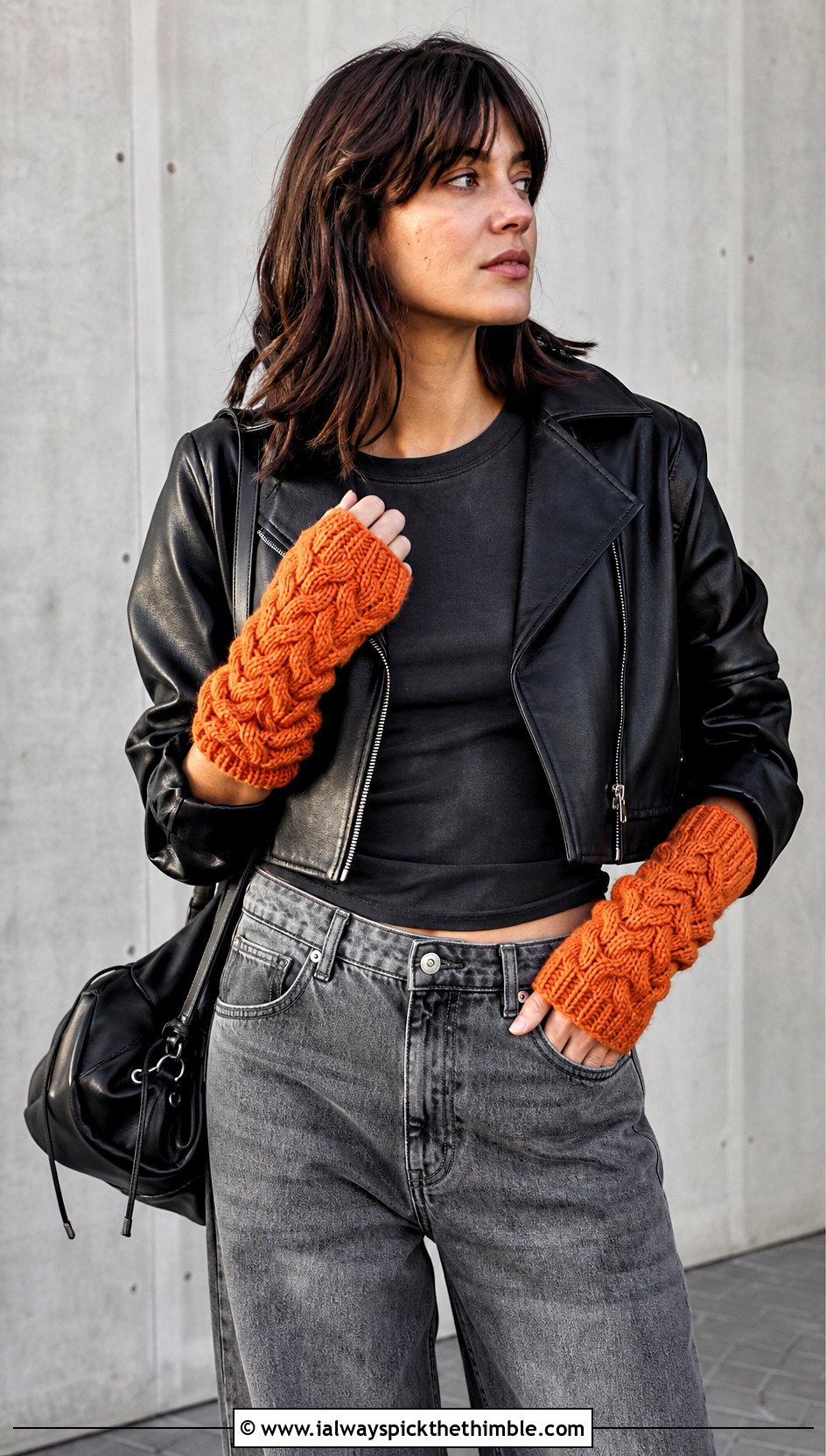 Cable Crochet Fingerless Gloves With Leather Jacket - 20 finger less crochet gloves outfit ideas