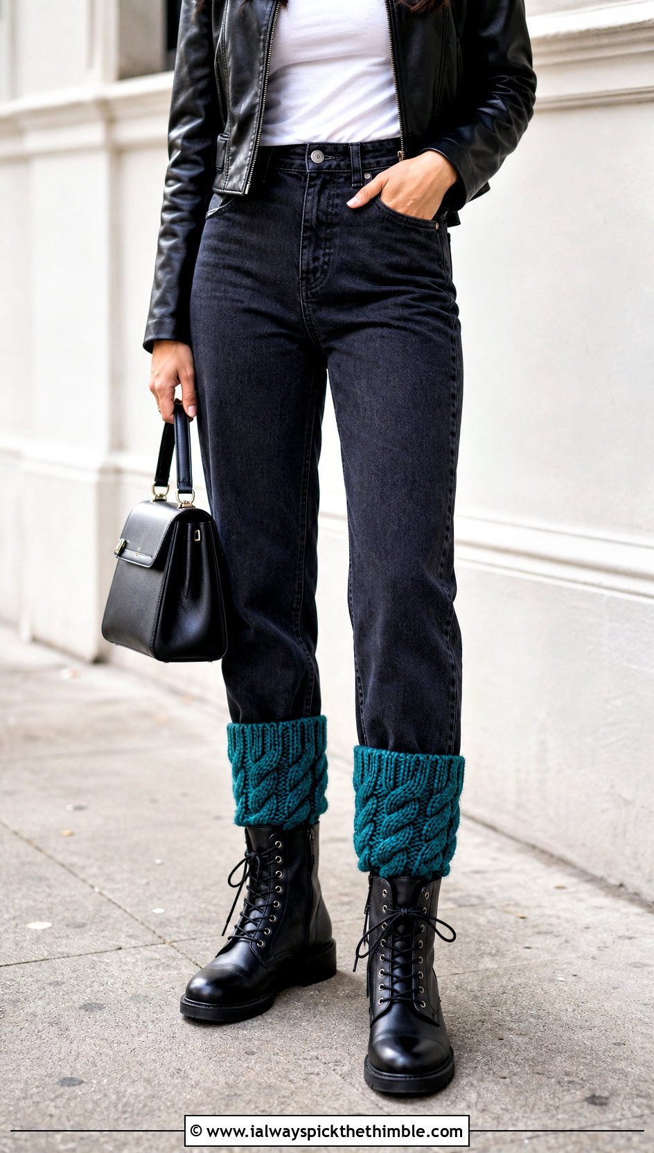 Cable Crochet Fluffy Boot Socks With Leather Jacket - 20 Crochet Fluffy Socks outfit ideas