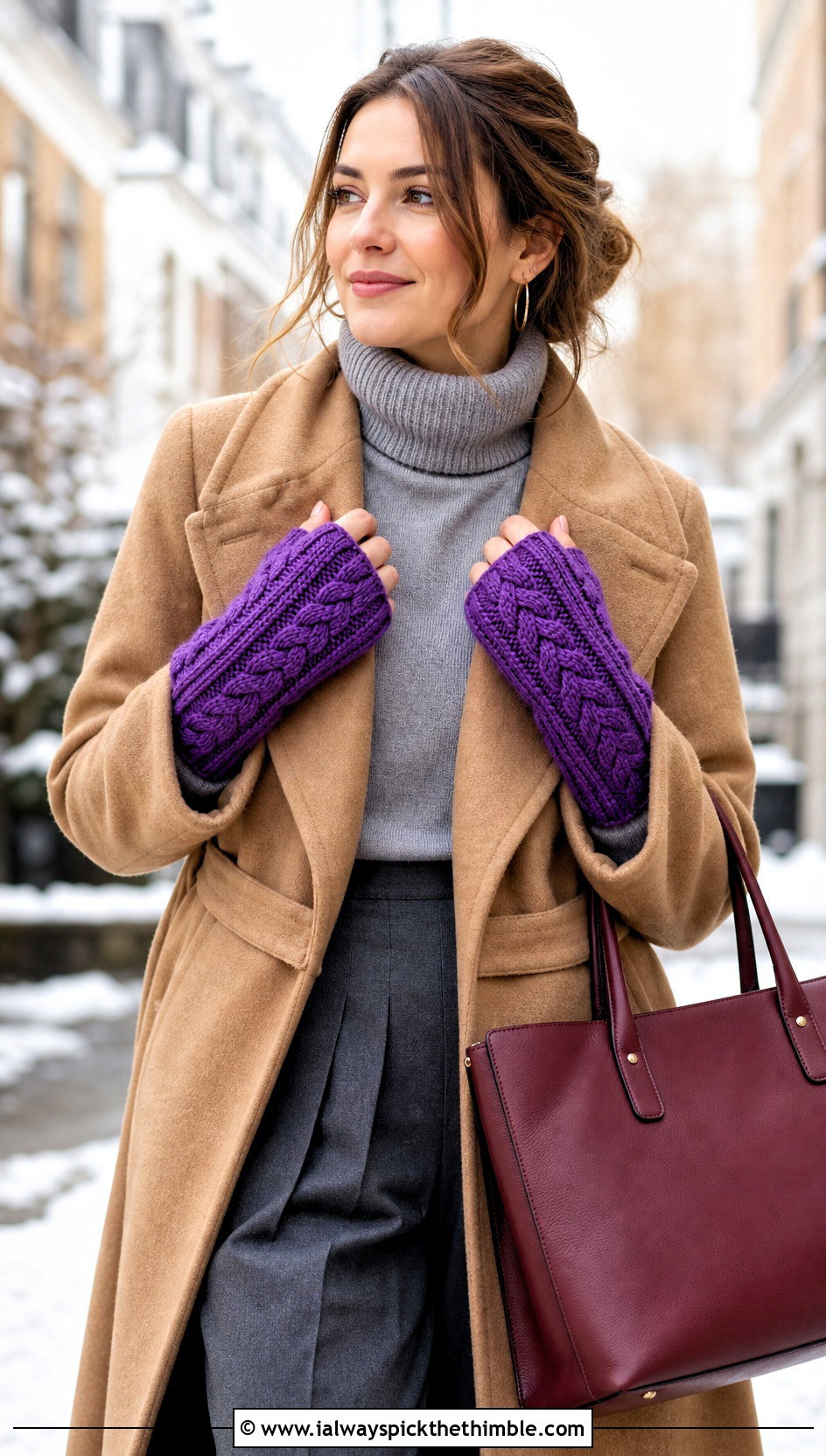 Cable Crochet Gauntlets With Wool Coat - 25 Crochet Handwarmer outfit ideas