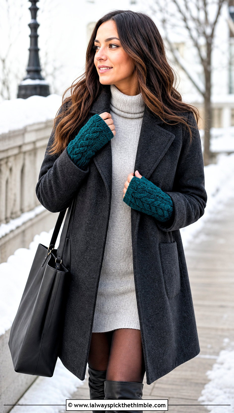 Cable Crochet Half Finger Gloves With Sweater Dress - 20 crochet half finger gloves outfit ideas