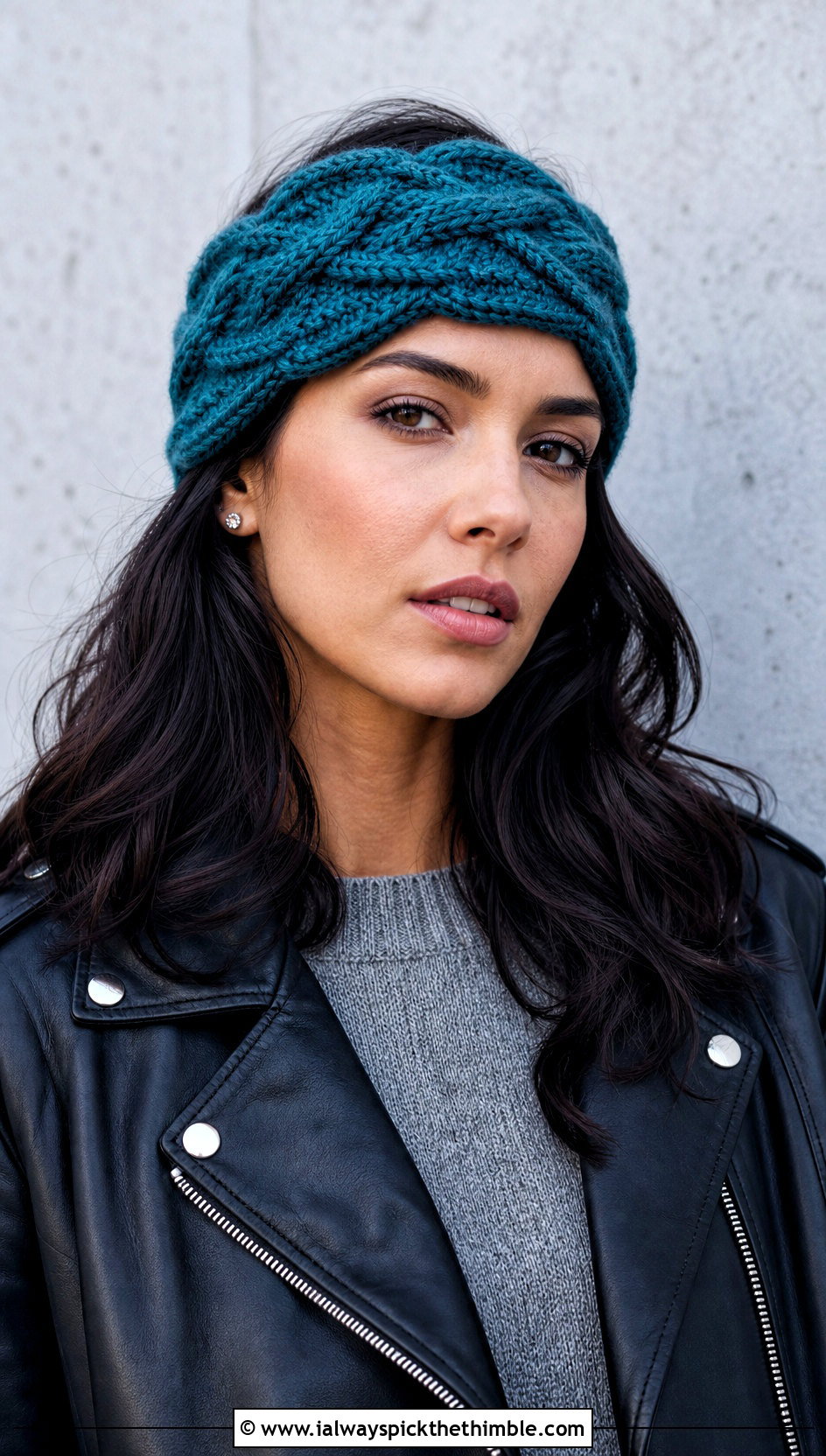 Cable Crochet Headband With Leather Jacket - 25 winter crochet headband outfit ideas