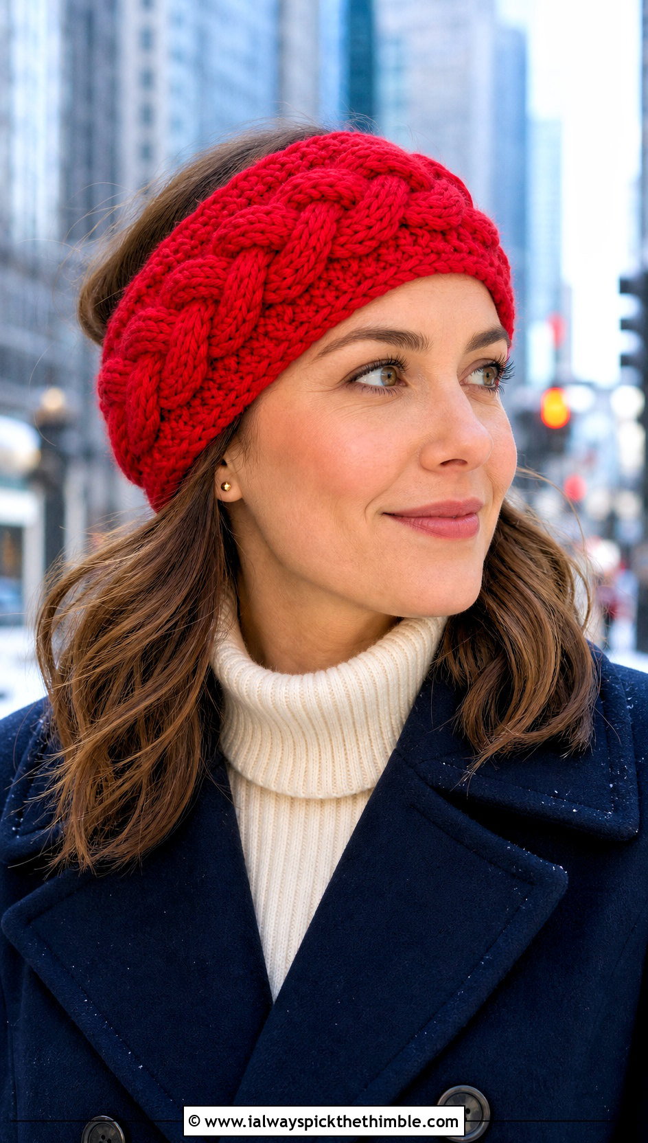 Cable Crochet Headband With Peacoat And Jeans - 20 crochet headband for women outfit ideas