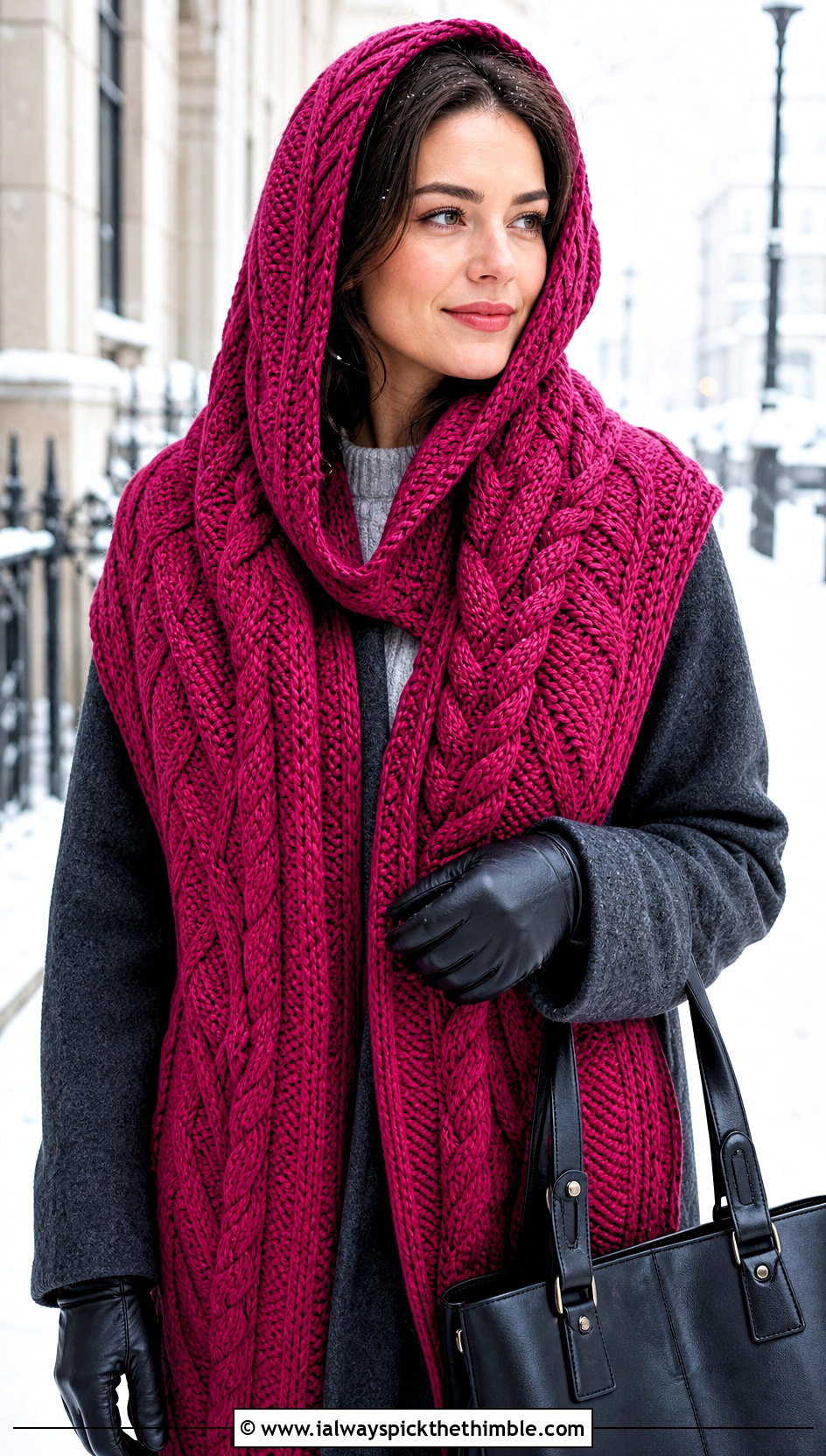 Cable Crochet Hooded Shawl With Wool Coat And Jeans - 25 crochet hooded shawl outfit ideas