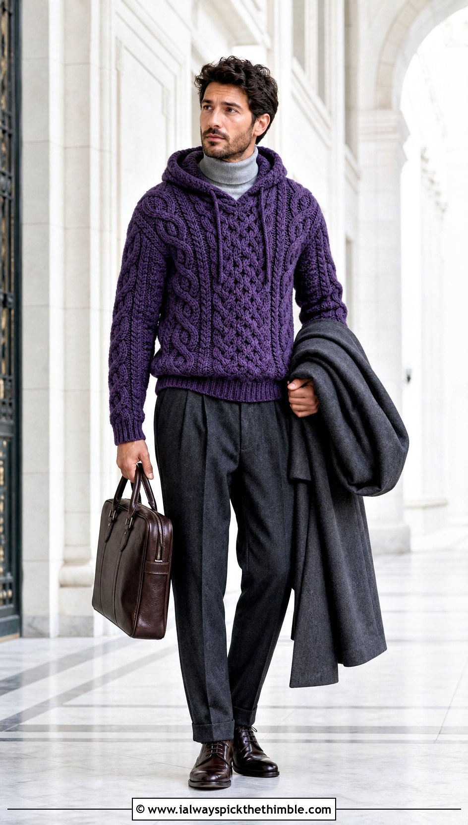Cable Crochet Hoodie With Wool Trousers - 25 crochet hoodie for men outfit ideas