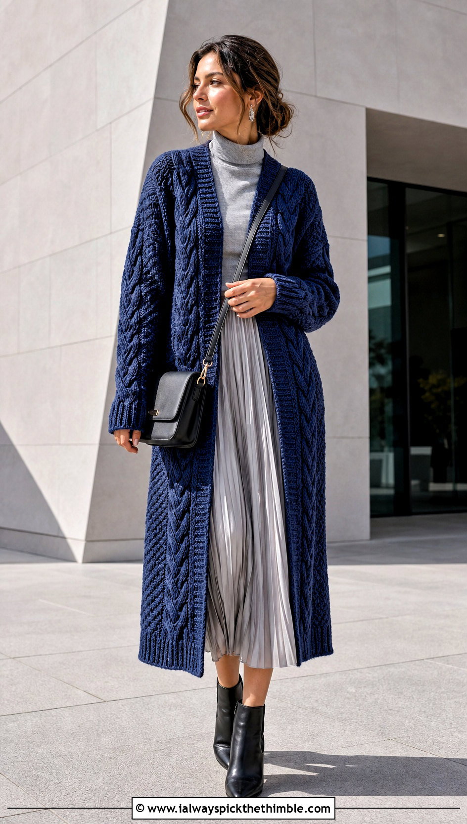 Cable Crochet Long Cardigan With Pleated Midi Skirt - 20 long crochet cardigan outfit ideas