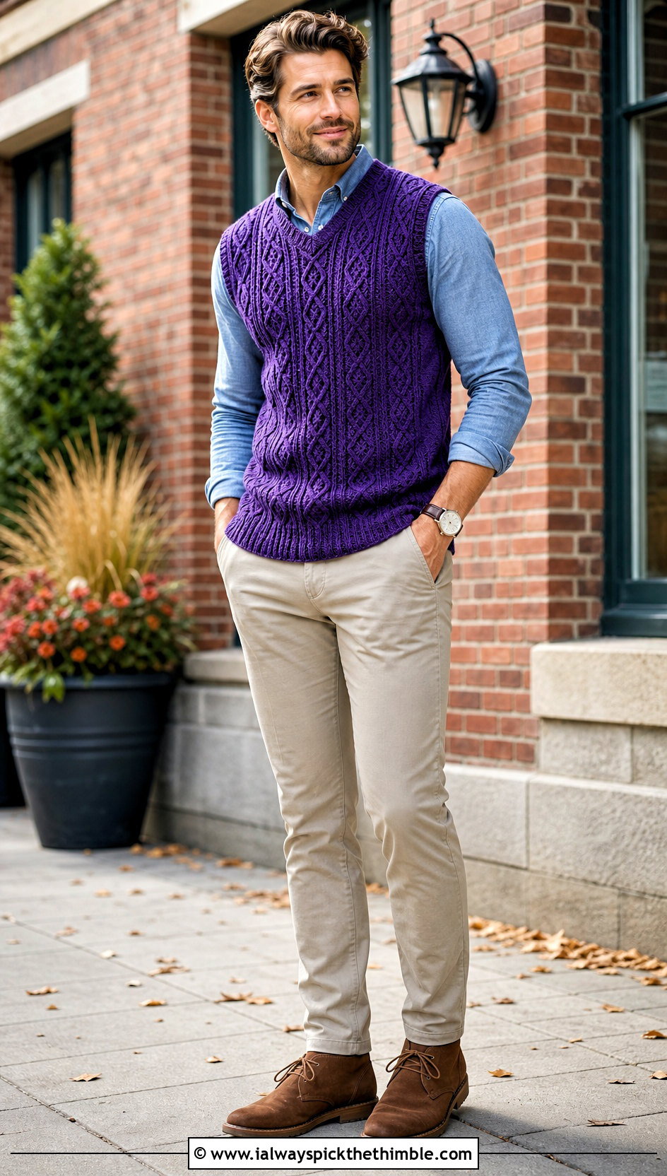 Cable Crochet Mens Sweater Vest With Chambray Shirt And Chinos - 20 crochet mens sweater vest outfit ideas