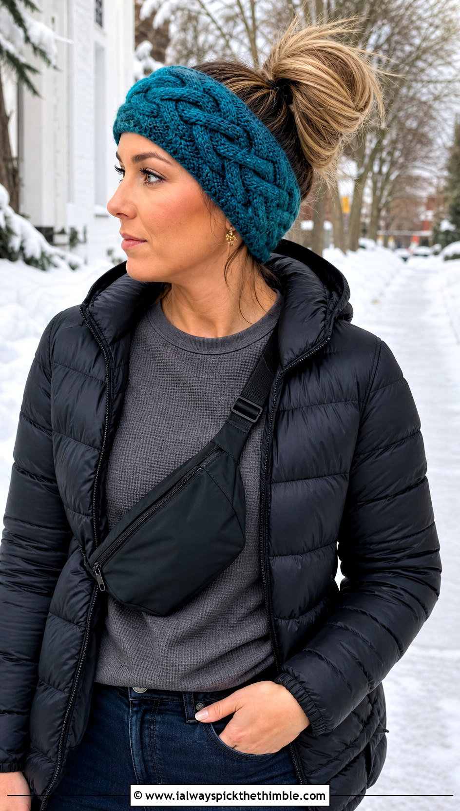 Cable Crochet Messy Bun Ear Warmer With Puffer Jacket - 20 Crochet Messy Bun Ear Warmer outfit ideas