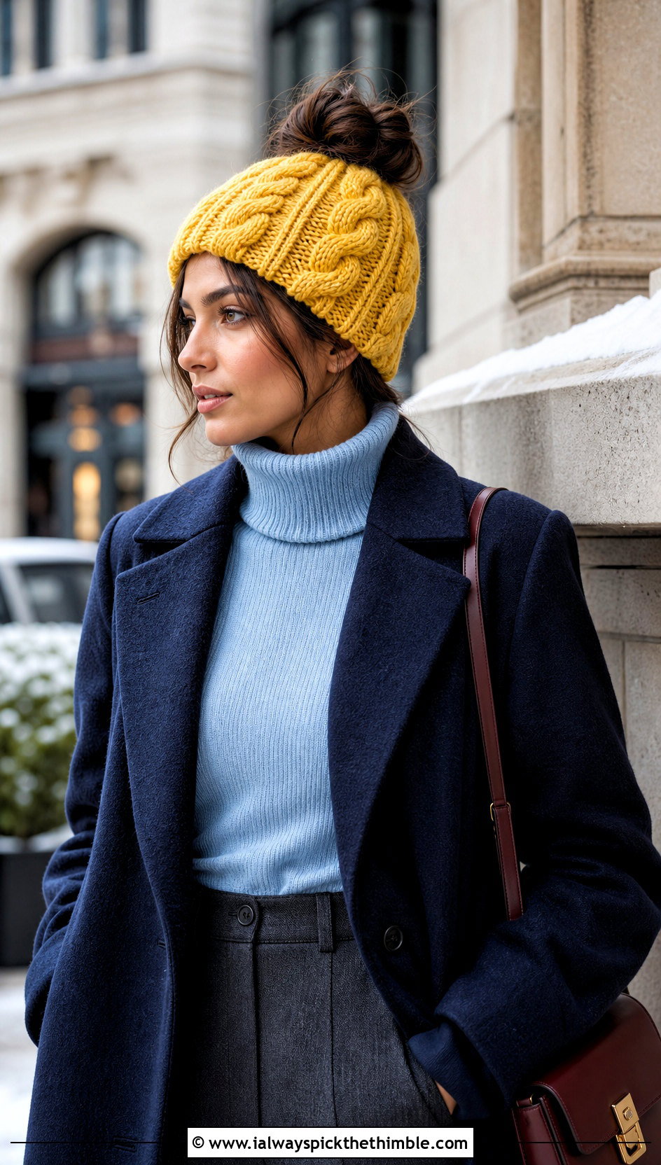 Cable Crochet Messy Bun Hat With Elastic And Wool Coat - 20 Crochet Messy Bun Hat With Elastic outfit ideas