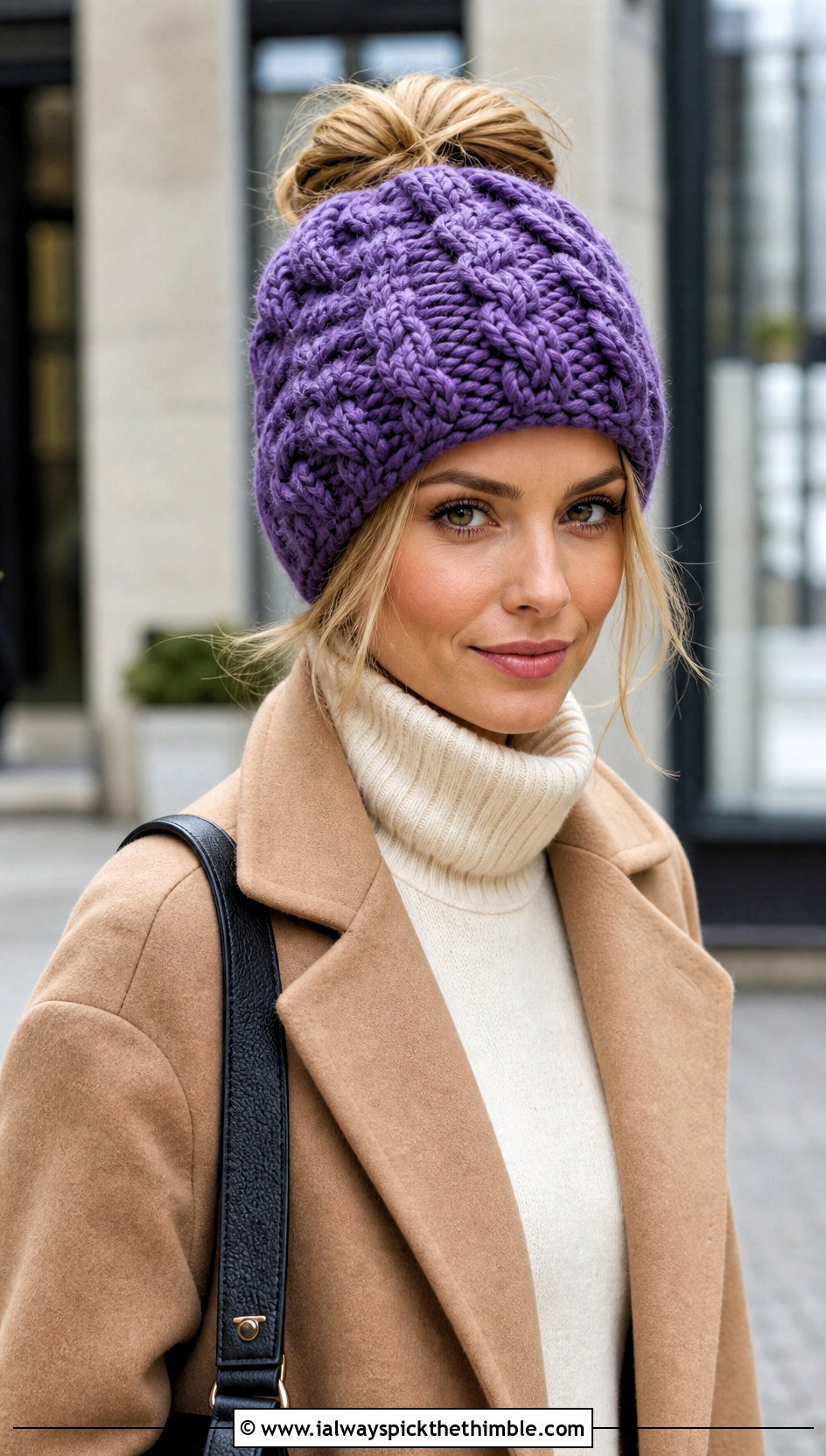 Cable Crochet Messy Bun Hat With Wool Coat - 20 Crochet Messy Bun Hat Bulky Yarn outfit ideas