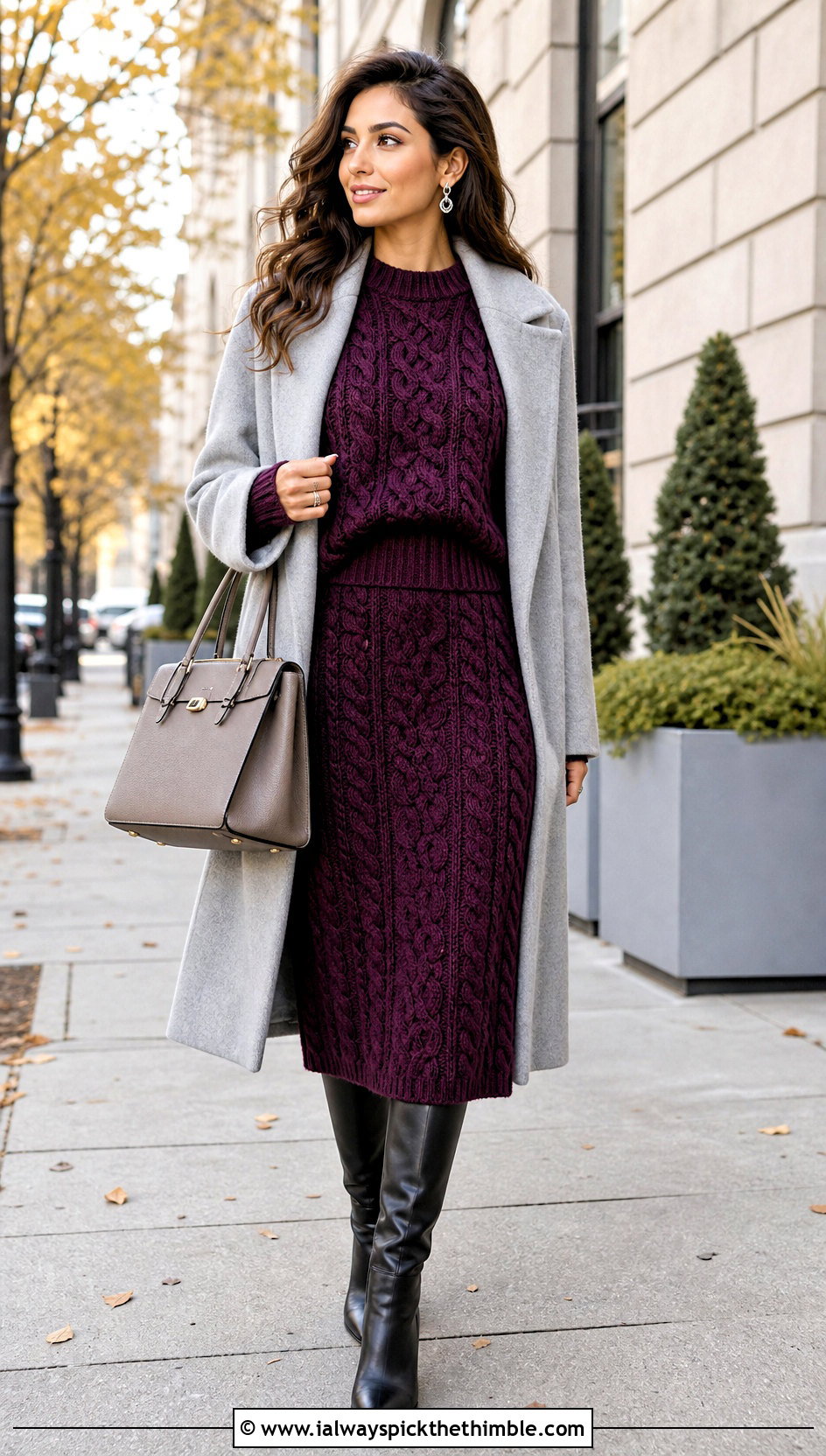 Cable Crochet Midi Skirt Set With Wool Coat - 25 Crochet Skirts Set Outfit ideas