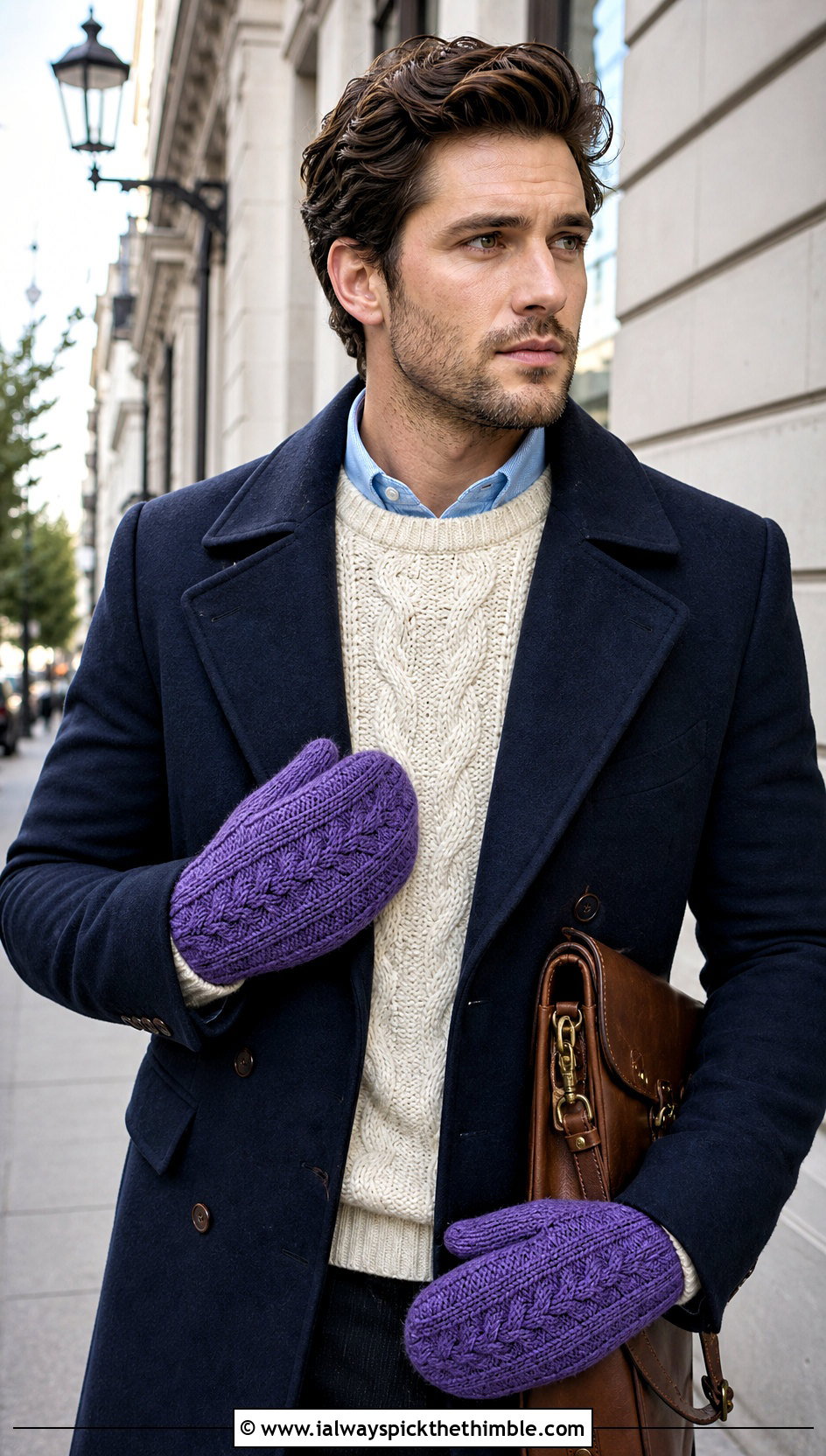 Cable Crochet Mittens With Navy Peacoat - 20 Mens Crochet Mittens outfit ideas