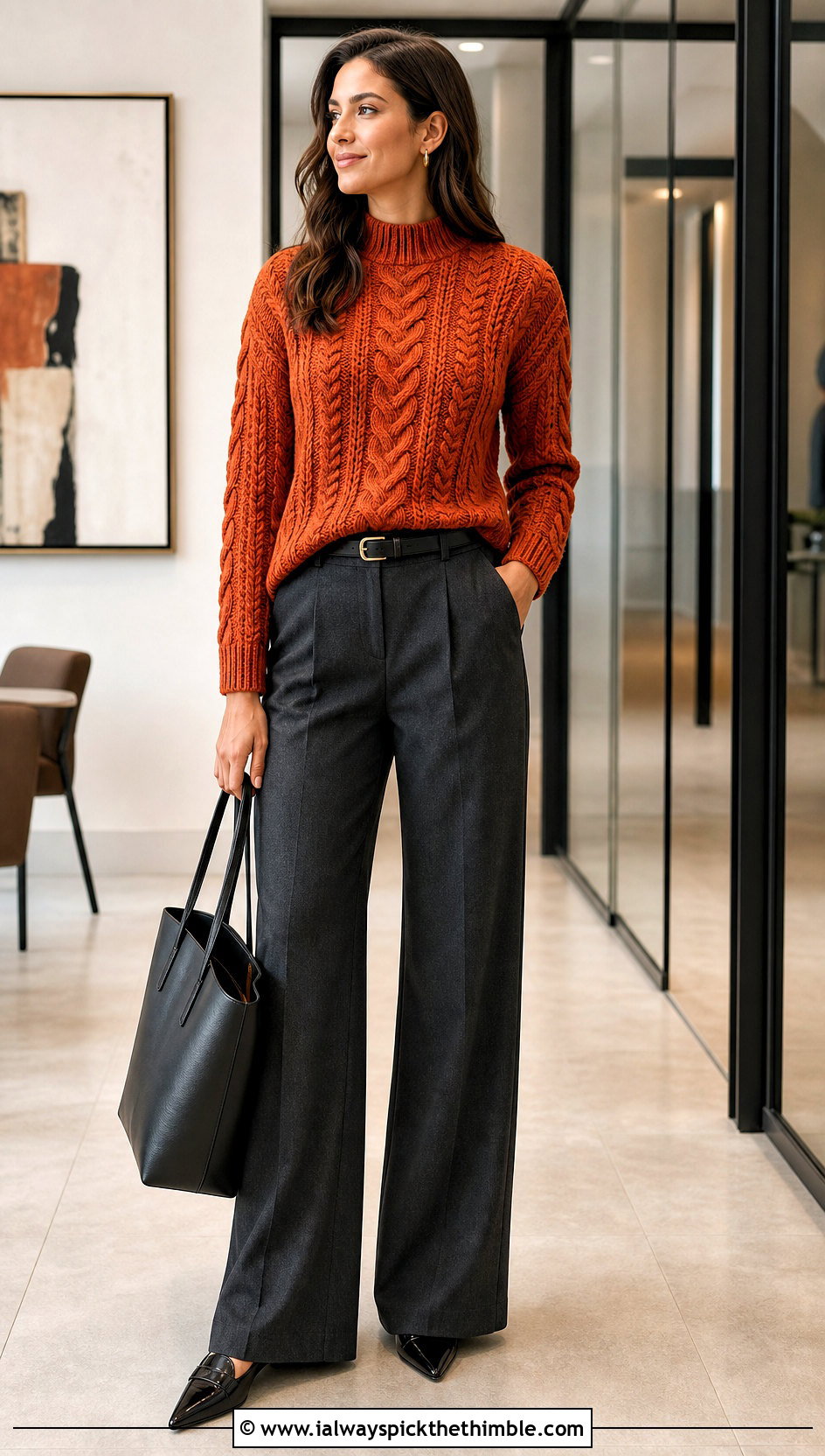 Cable Crochet Mock Neck Sweater With Tailored Trousers - 20 fall crochet sweaters outfit ideas