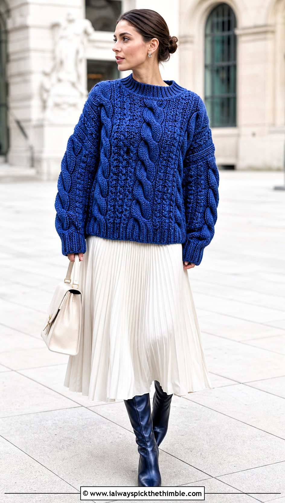 Cable Crochet Oversized Sweater With Pleated Midi Skirt - 25 crochet oversized sweater outfit ideas